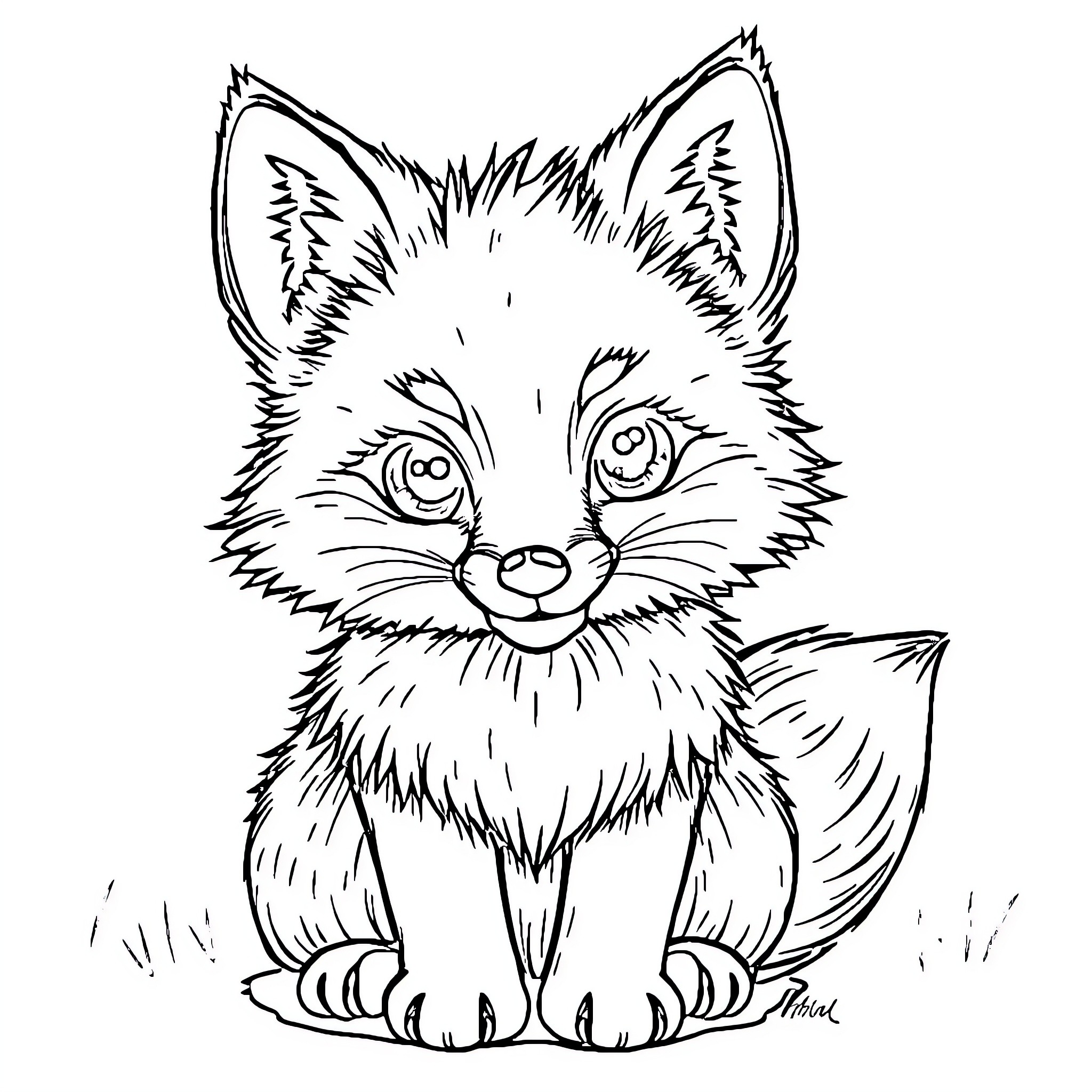 Fox with playful expression on black and white sketch Coloring Page (free black-and-white line drawing printable PDF for all, from beginners to advanced learners, including children, teens, adults, and seniors)