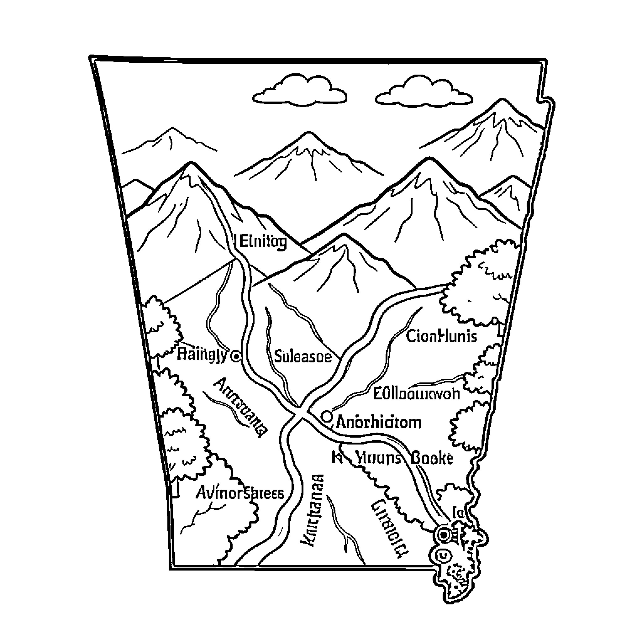 Map of mountain ranges and valleys Coloring Page (free black-and-white line drawing printable PDF for all, from beginners to advanced learners, including children, teens, adults, and seniors)