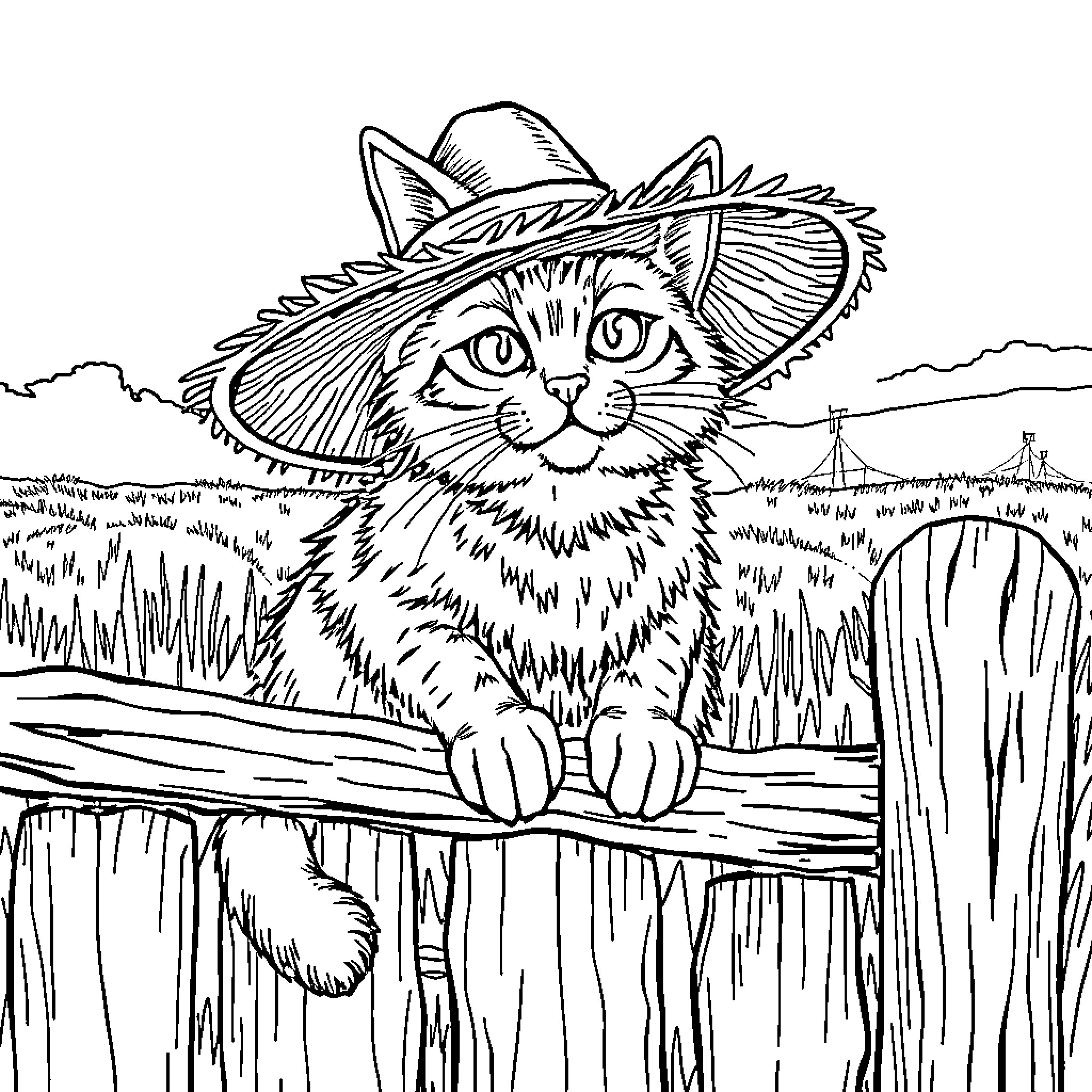 Cat in a Straw Hat on a Fence Coloring Page (free black-and-white line drawing printable PDF for all, from beginners to advanced learners, including children, teens, adults, and seniors)