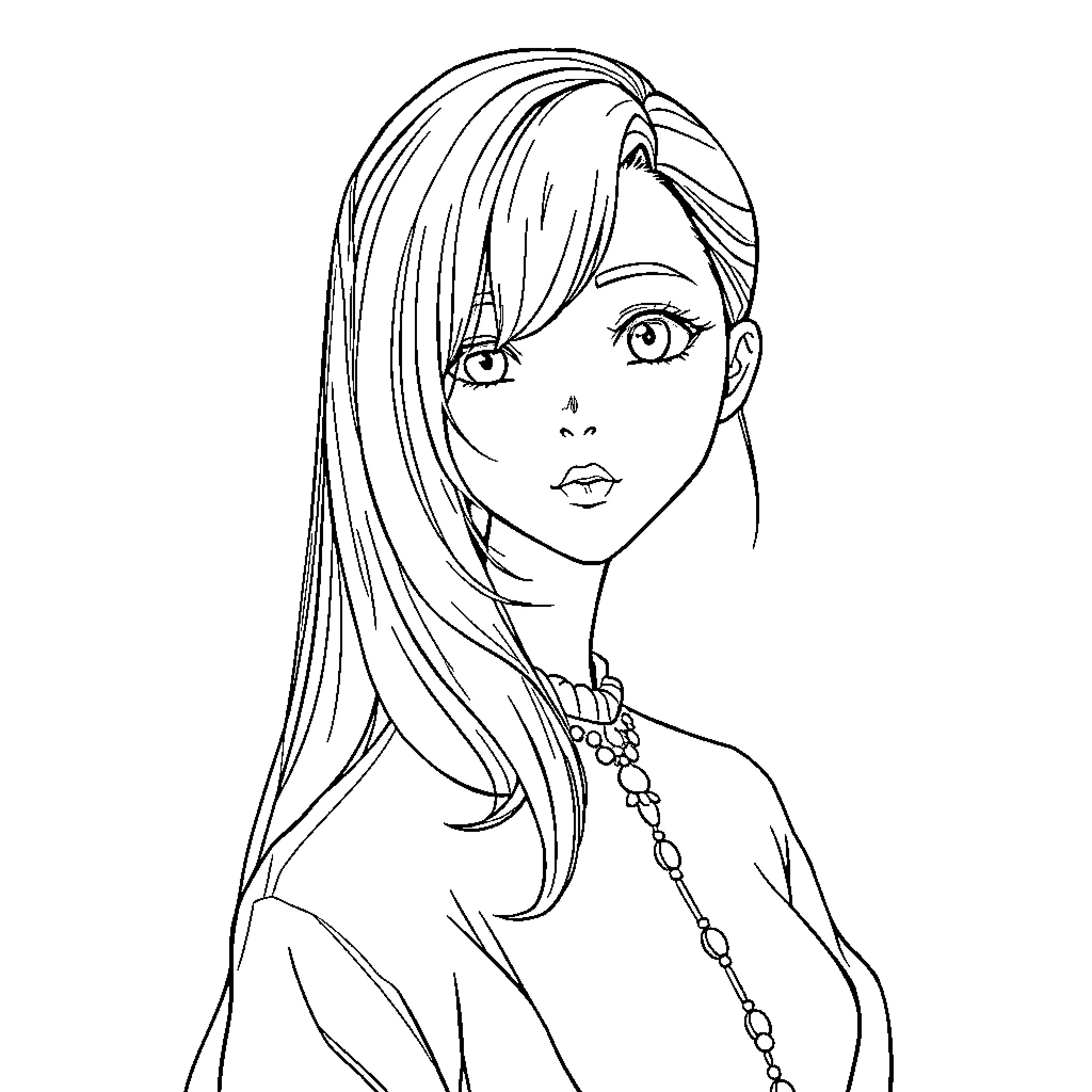 Anime Girl with Thoughtful Expression Coloring Page (free black-and-white line drawing printable PDF for all, from beginners to advanced learners, including children, teens, adults, and seniors)