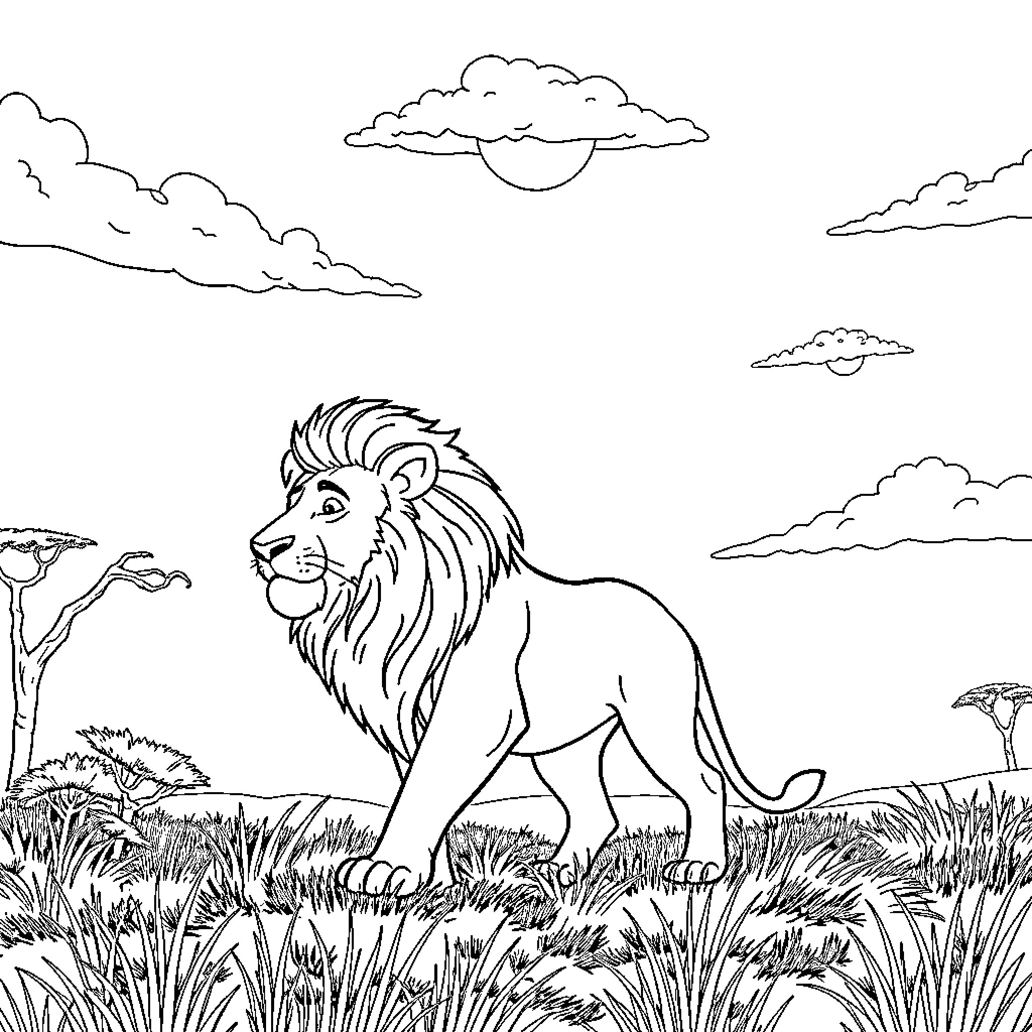 Lion standing proudly in the wild landscape Coloring Page (free black-and-white line drawing printable PDF for all, from beginners to advanced learners, including children, teens, adults, and seniors)