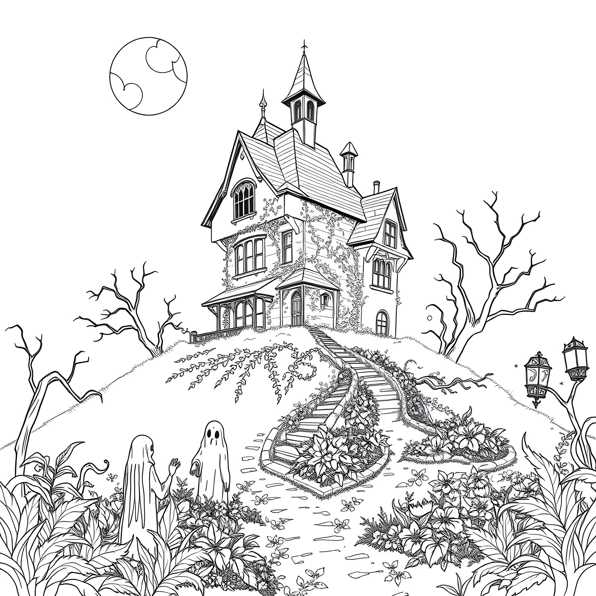 Haunted House with Ghostly Figures in the Moonlight Coloring Page (free black-and-white line drawing printable PDF for all, from beginners to advanced learners, including children, teens, adults, and seniors)