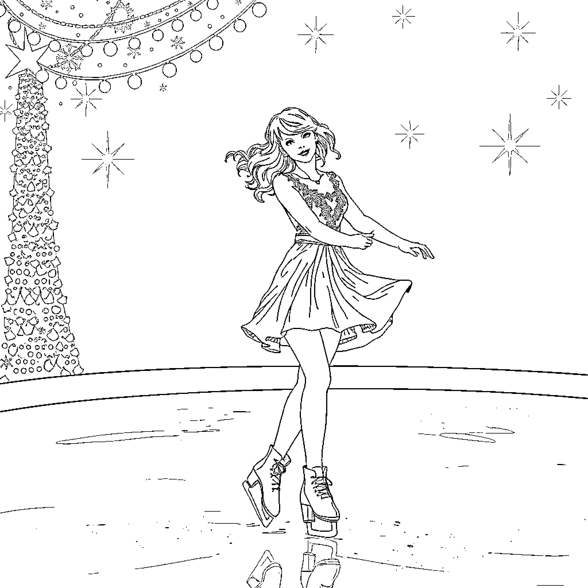 Taylor Swift performing on stage with sparkling lights Coloring Page (free black-and-white line drawing printable PDF for all, from beginners to advanced learners, including children, teens, adults, and seniors)