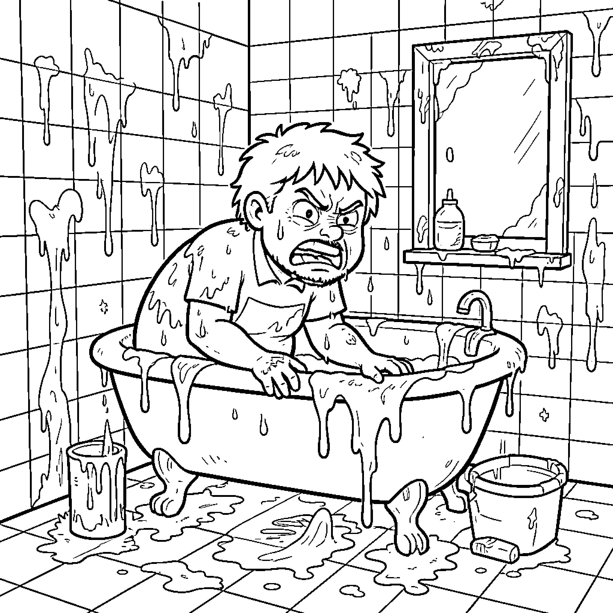 WC Angry man covered in mess in bathroom Coloring Page (free black-and-white line drawing printable PDF for all, from beginners to advanced learners, including children, teens, adults, and seniors)