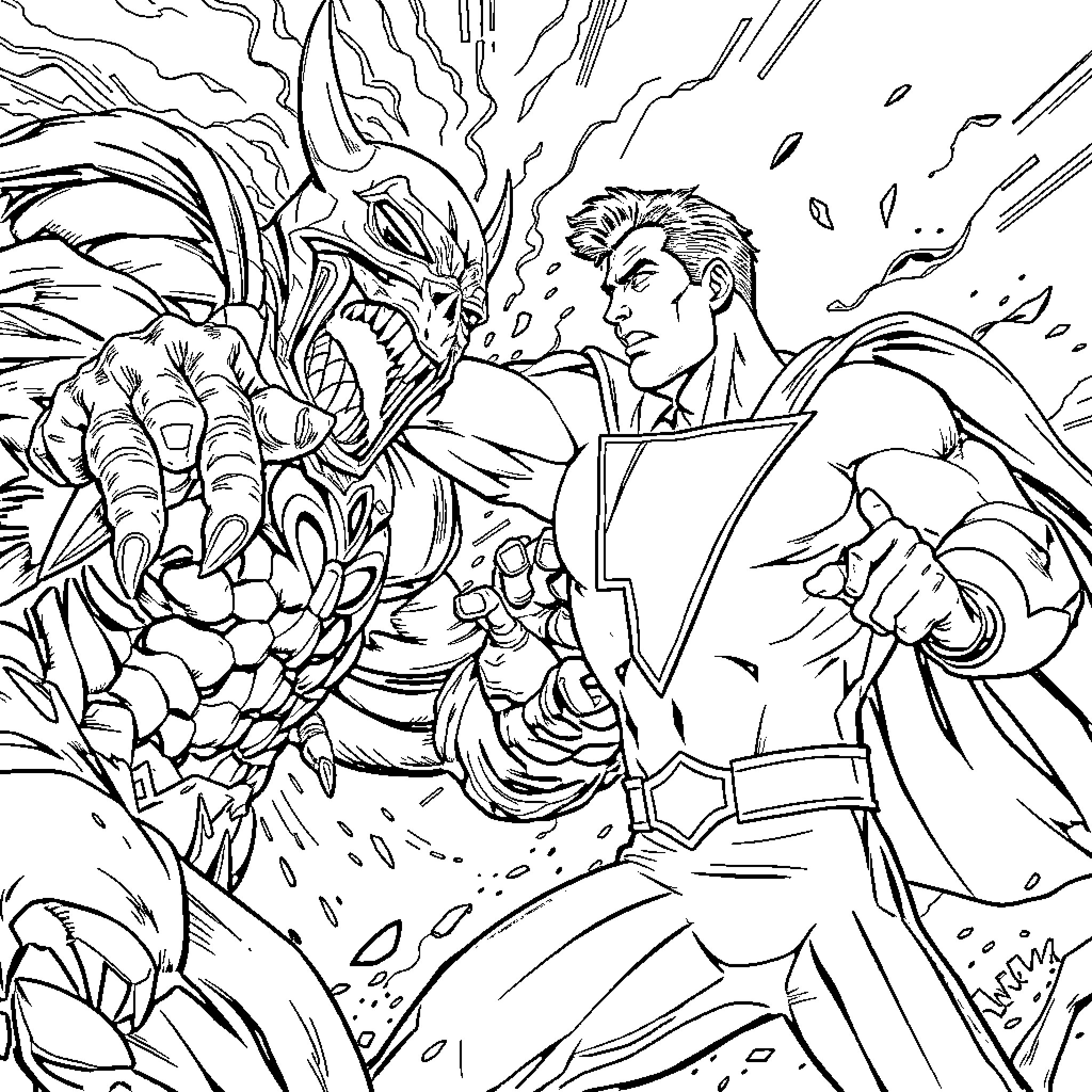 Shazam battling a fierce monster in an intense showdown Coloring Page (free black-and-white line drawing printable PDF for all, from beginners to advanced learners, including children, teens, adults, and seniors)
