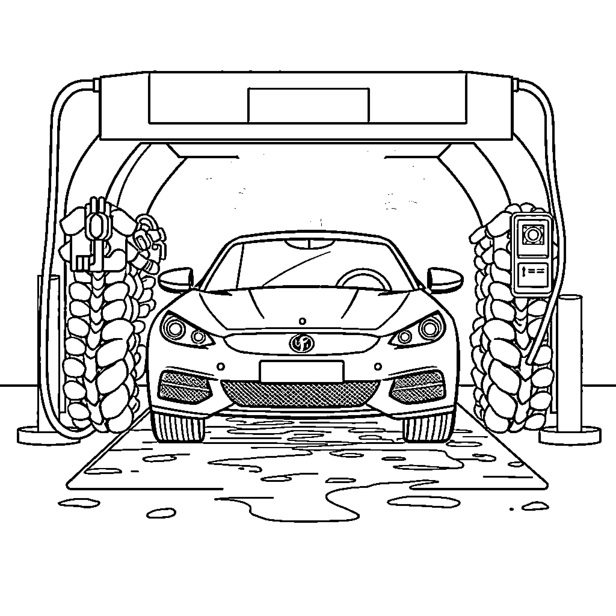 Car Wash with a Sleek Sports Car Coloring Page (free black-and-white line drawing printable PDF for all, from beginners to advanced learners, including children, teens, adults, and seniors)