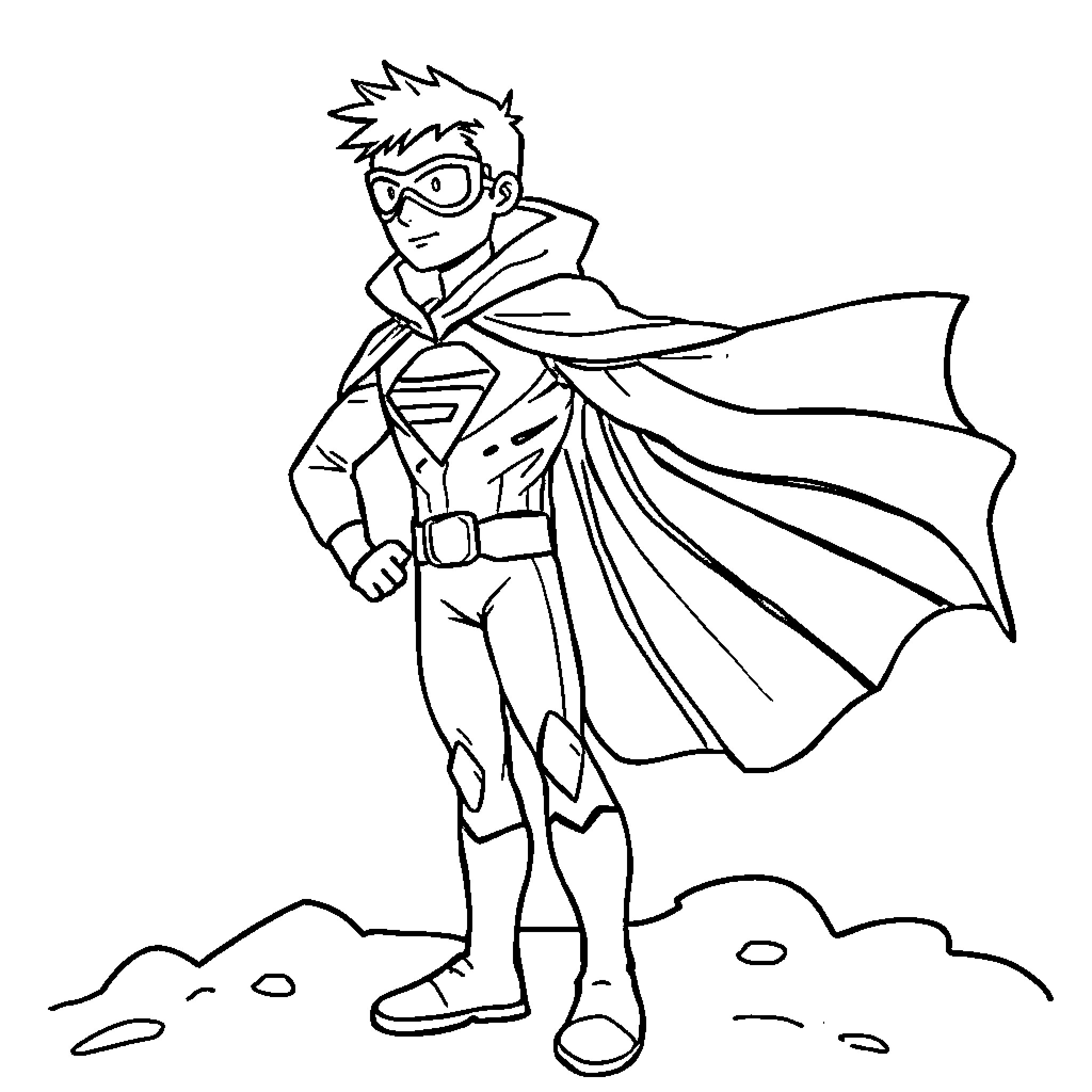Soen superhero in action pose Coloring Page (free black-and-white line drawing printable PDF for all, from beginners to advanced learners, including children, teens, adults, and seniors)
