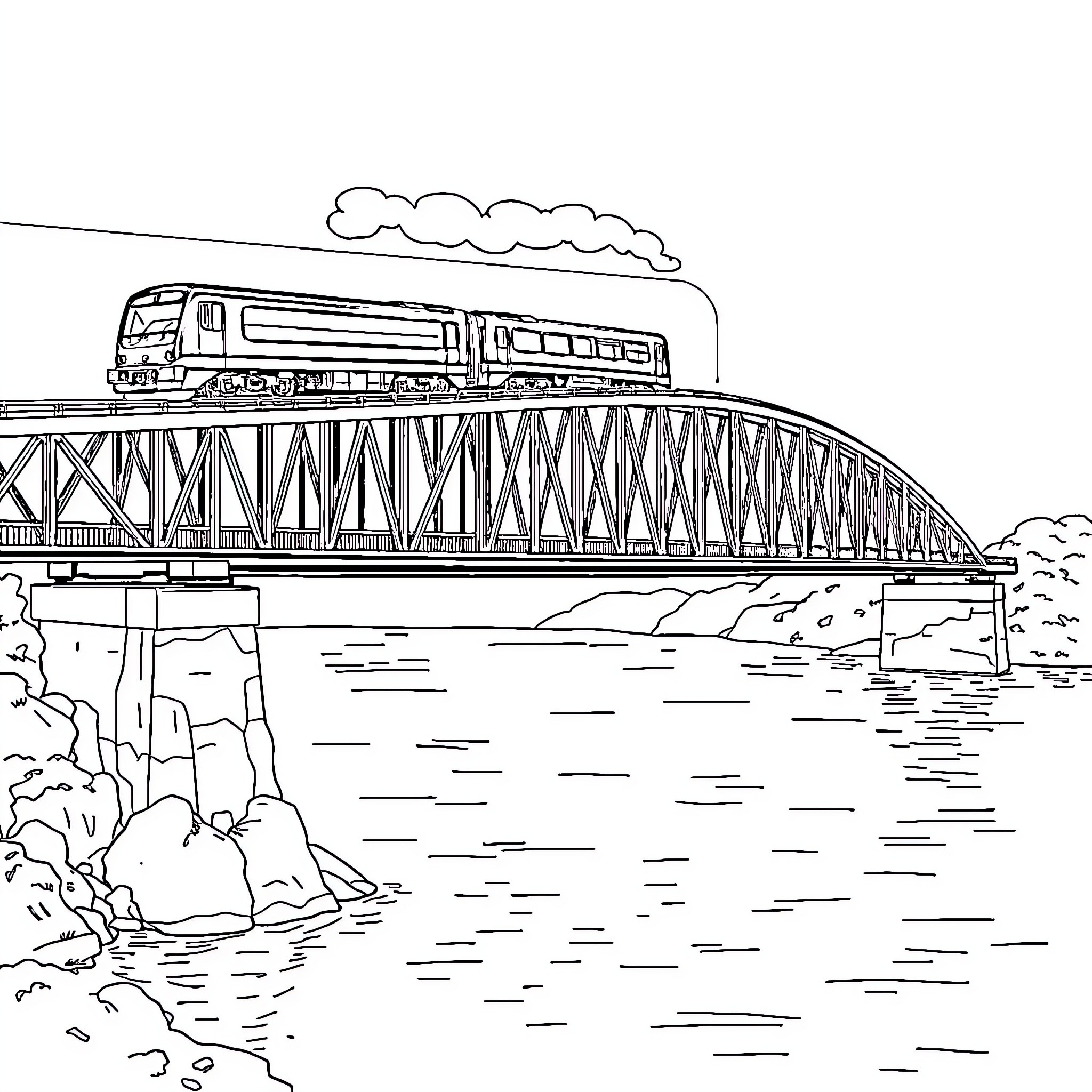 Train crossing a bridge over a river Coloring Page (free black-and-white line drawing printable PDF for all, from beginners to advanced learners, including children, teens, adults, and seniors)