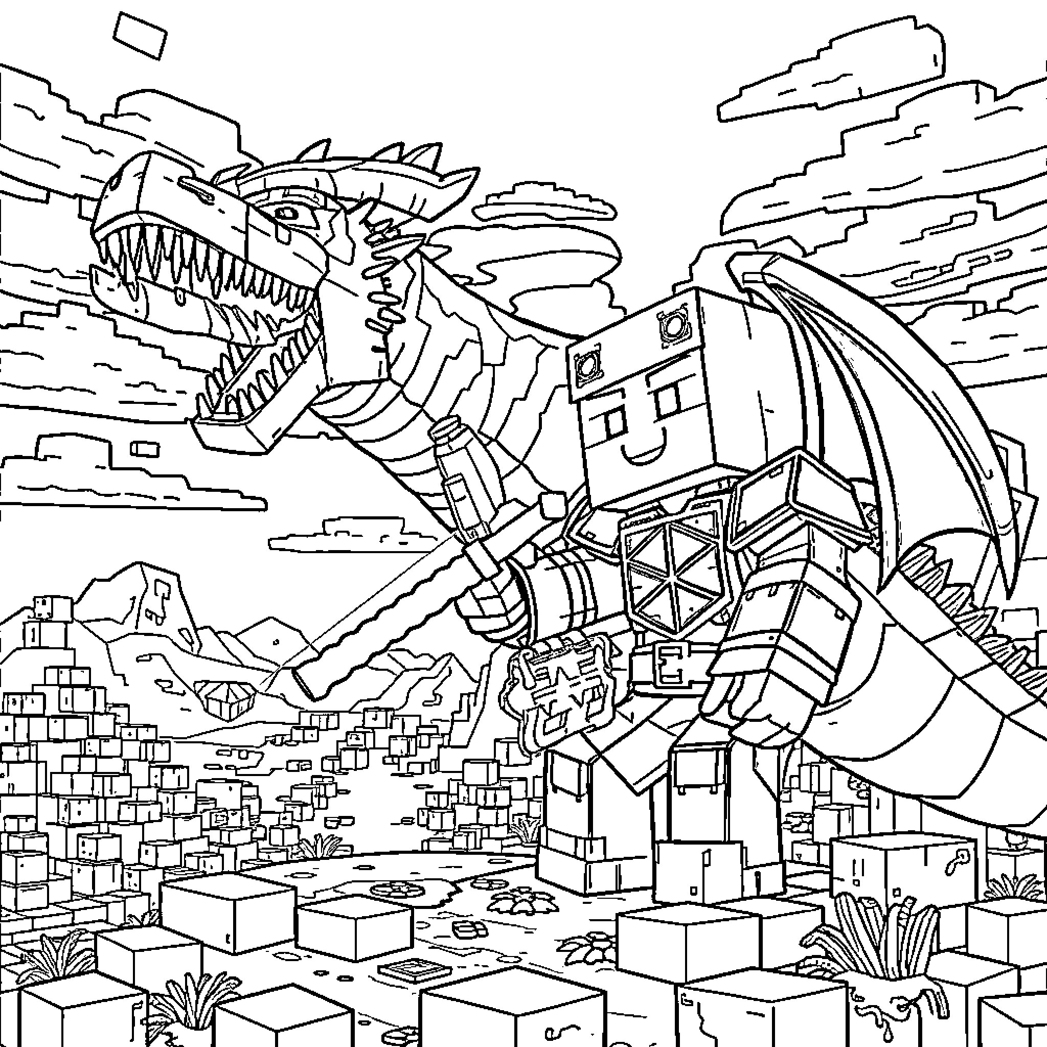Steve's Epic Battle with a Fearsome Mechanical Beast Coloring Page (free black-and-white line drawing printable PDF for all, from beginners to advanced learners, including children, teens, adults, and seniors)