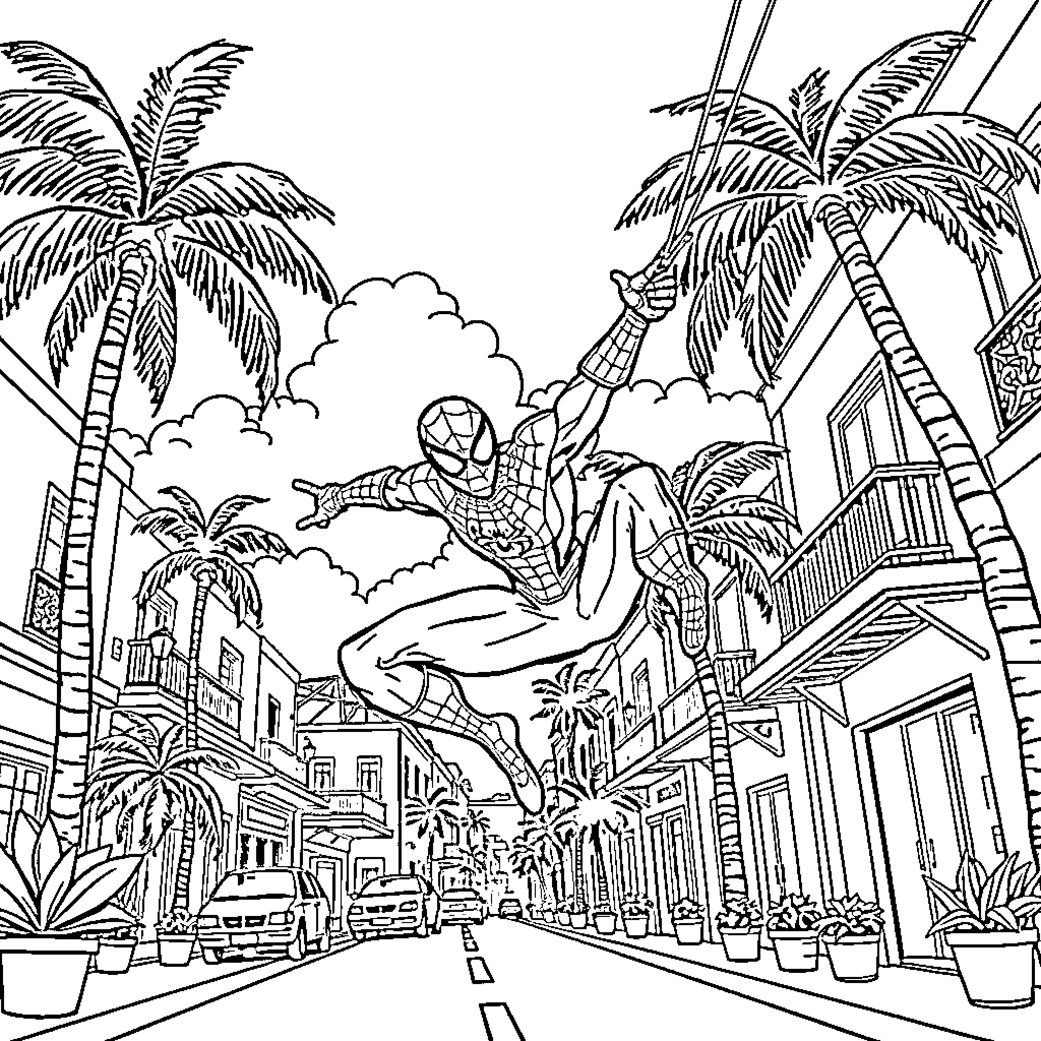 Spiderman swinging over a tropical city street Coloring Page (free black-and-white line drawing printable PDF for all, from beginners to advanced learners, including children, teens, adults, and seniors)