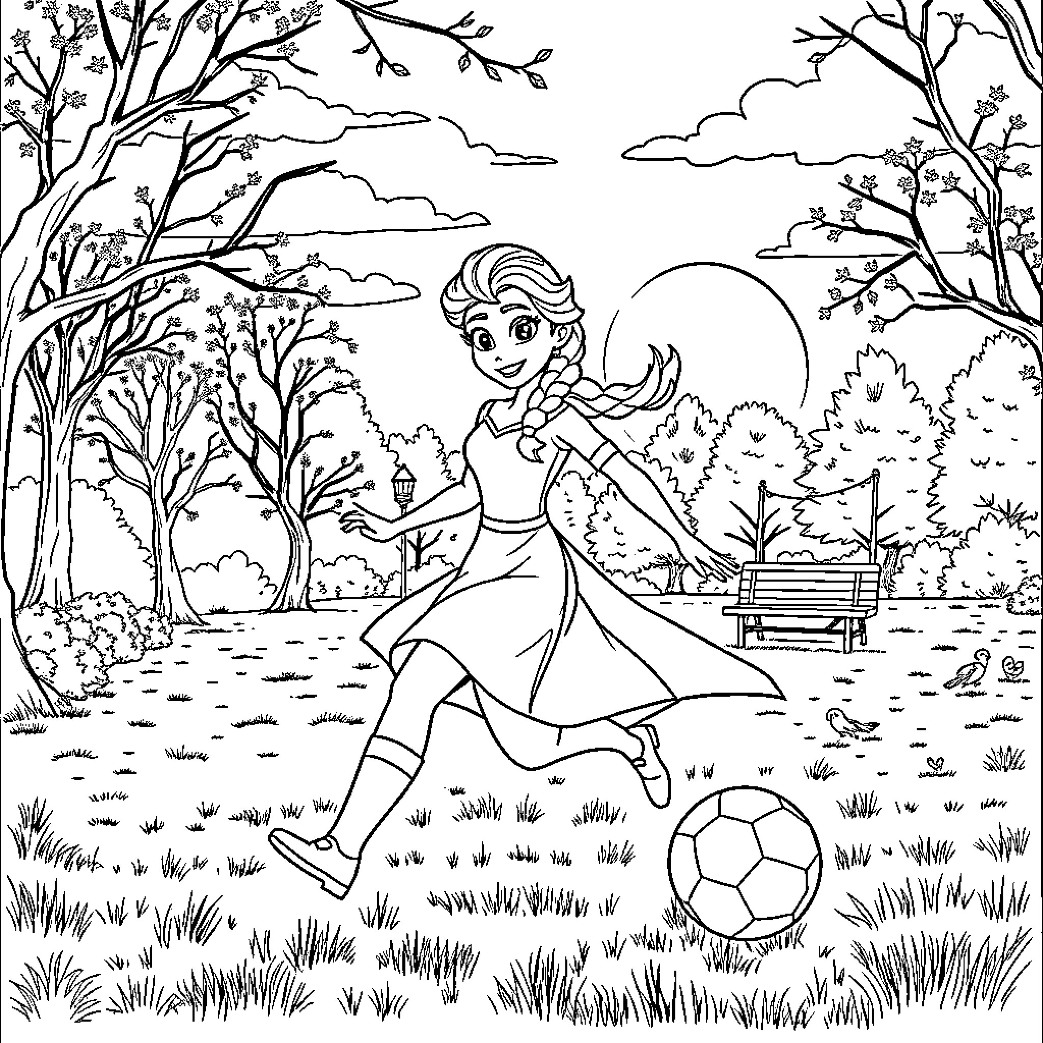 Elsa kicking soccer ball in park Coloring Page (free black-and-white line drawing printable PDF for all, from beginners to advanced learners, including children, teens, adults, and seniors)
