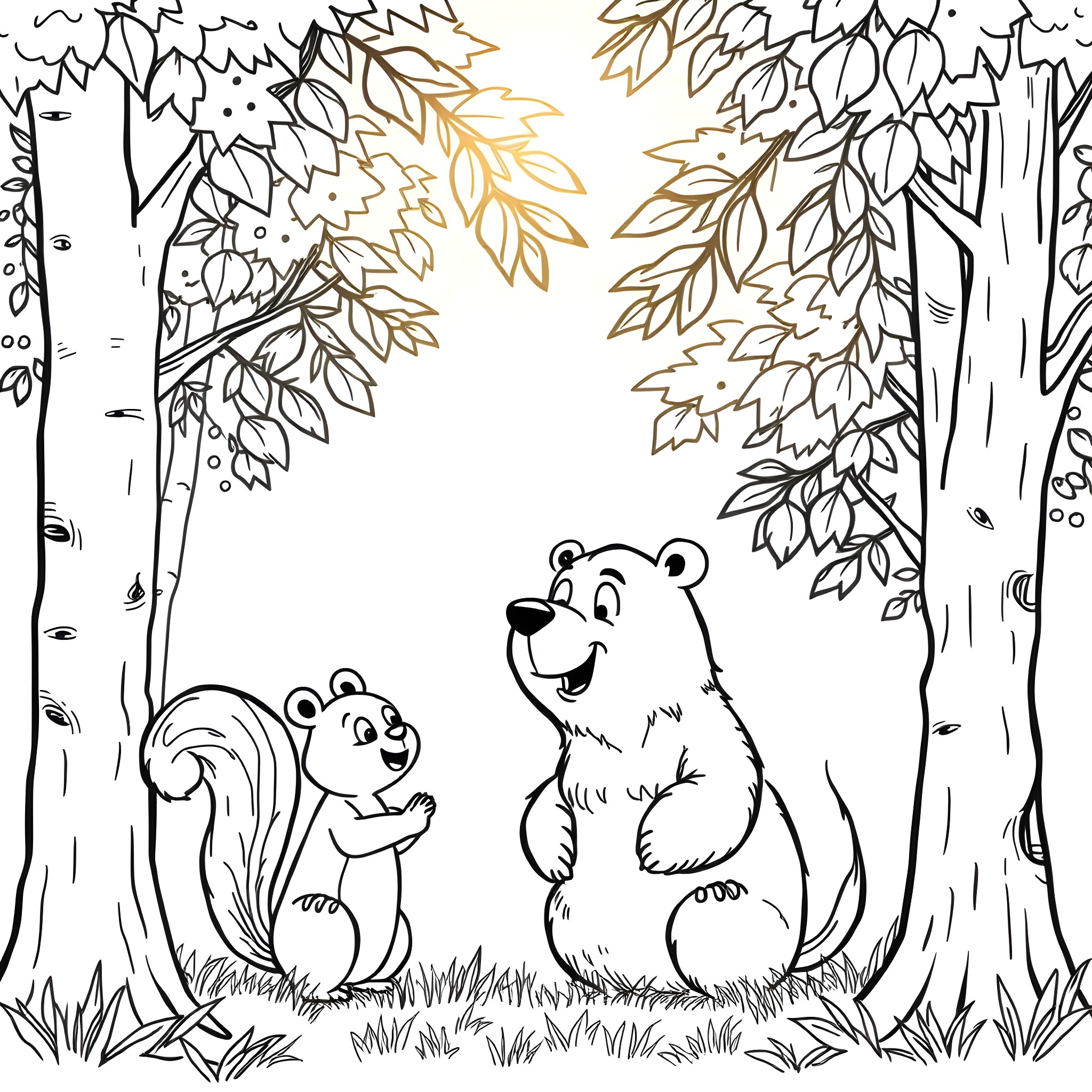 Bear and squirrel playing in the forest Coloring Page (free black-and-white line drawing printable PDF for all, from beginners to advanced learners, including children, teens, adults, and seniors)