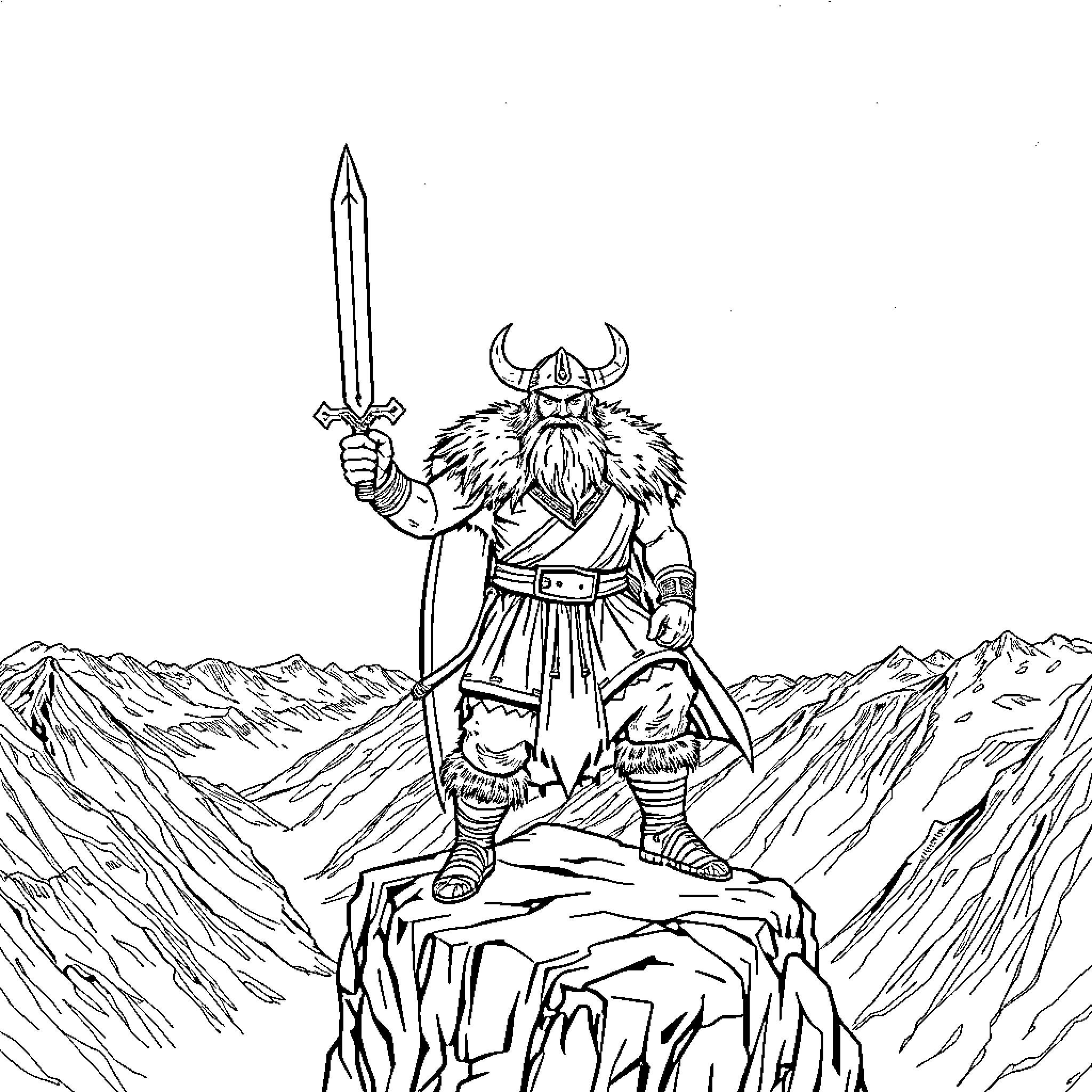 Viking Warrior Stands Triumphant on Cliff Coloring Page (free black-and-white line drawing printable PDF for all, from beginners to advanced learners, including children, teens, adults, and seniors)