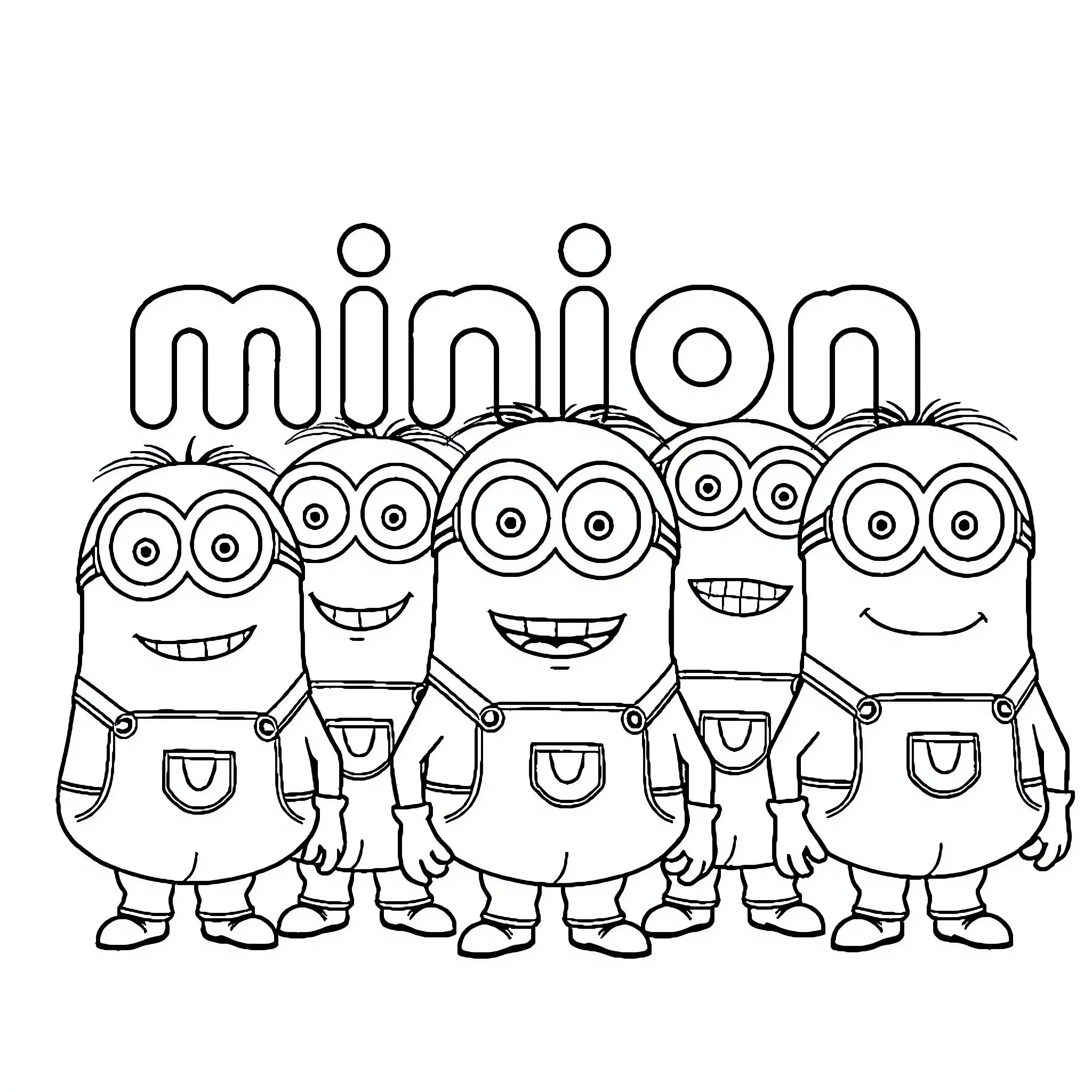 Minions posing together happily Coloring Page (free black-and-white line drawing printable PDF for all, from beginners to advanced learners, including children, teens, adults, and seniors)