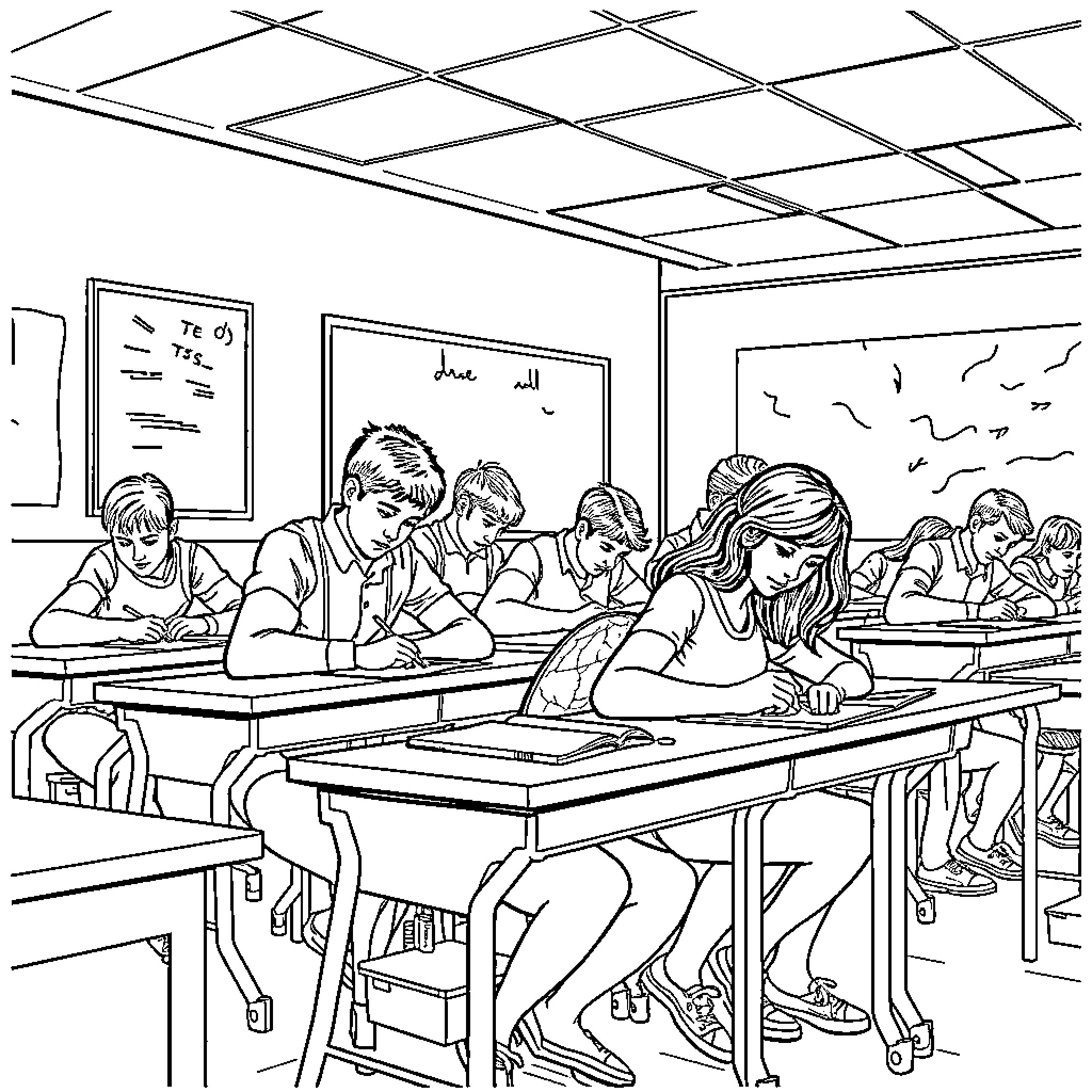 Students studying intently in a classroom Coloring Page (free black-and-white line drawing printable PDF for all, from beginners to advanced learners, including children, teens, adults, and seniors)