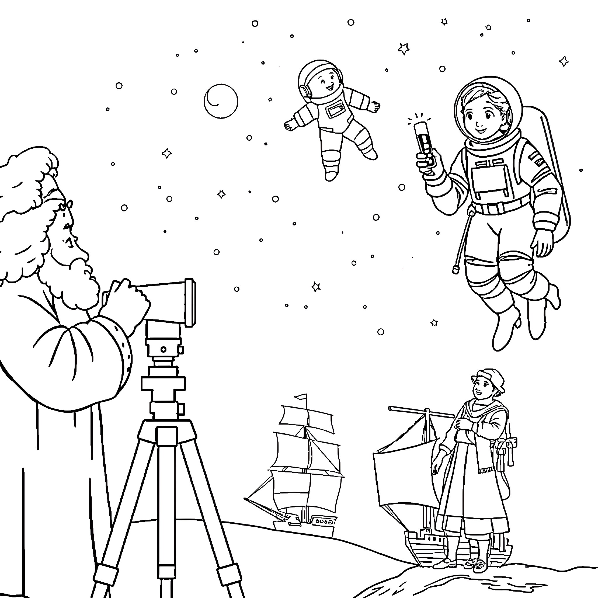 Astronauts exploring the wonders of space Coloring Page (free black-and-white line drawing printable PDF for all, from beginners to advanced learners, including children, teens, adults, and seniors)