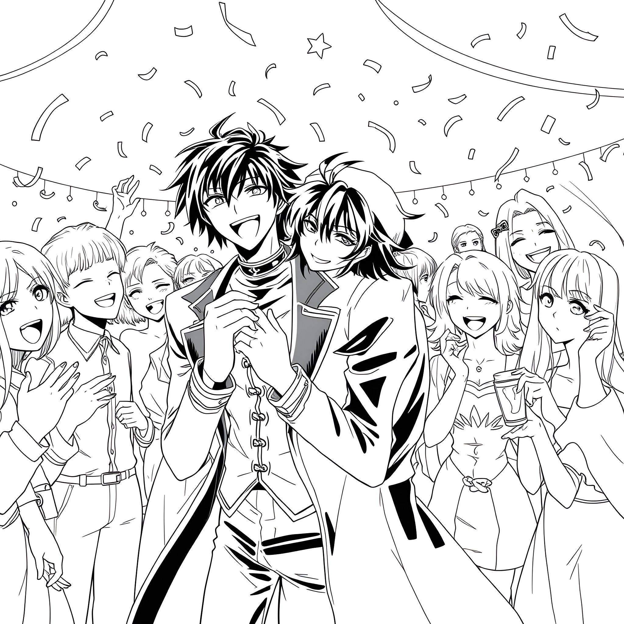 Code Geass: Friends celebrating joyfully together Coloring Page (free black-and-white line drawing printable PDF for all, from beginners to advanced learners, including children, teens, adults, and seniors)