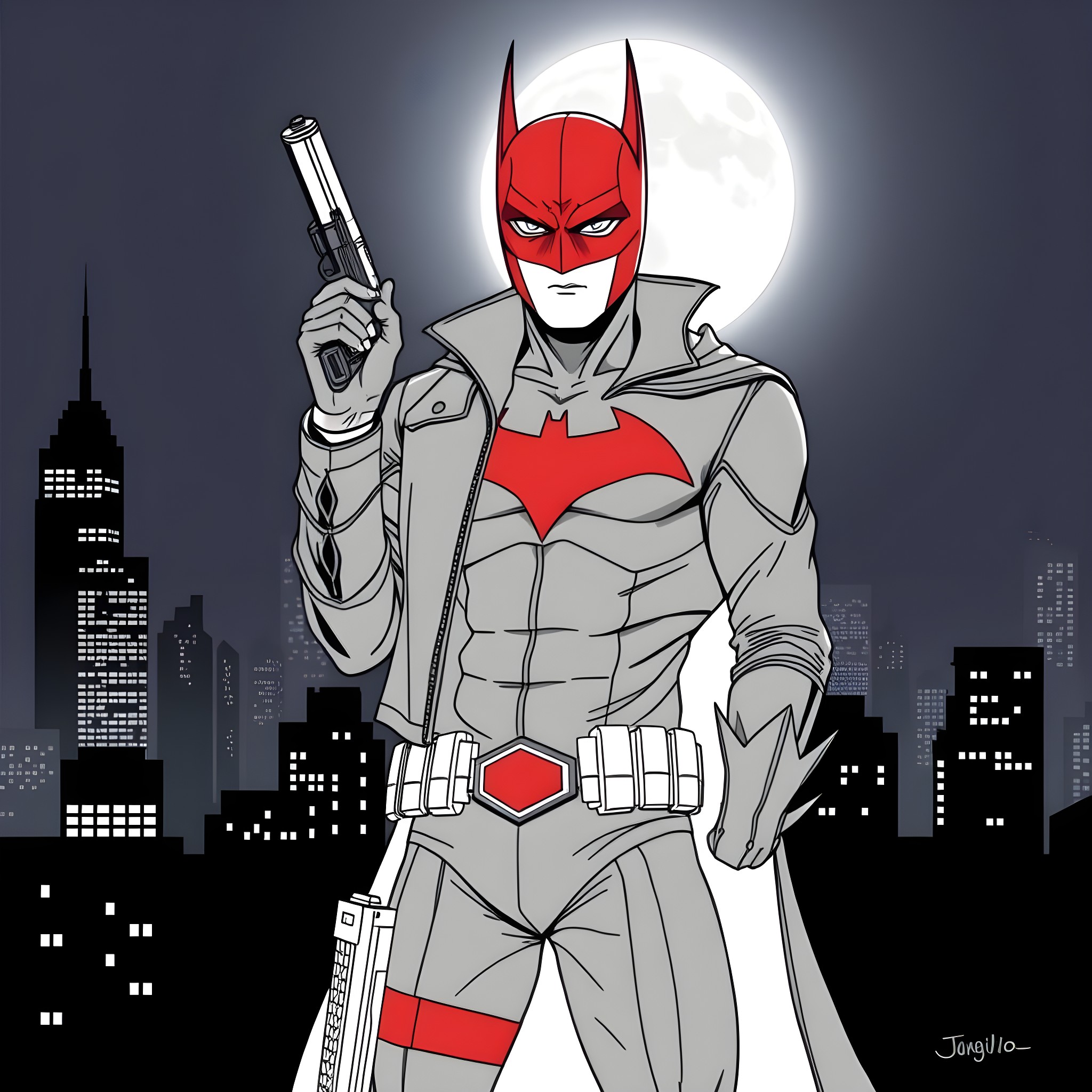Red Hood's Nighttime Vigilante Adventures Coloring Page (free black-and-white line drawing printable PDF for all, from beginners to advanced learners, including children, teens, adults, and seniors)