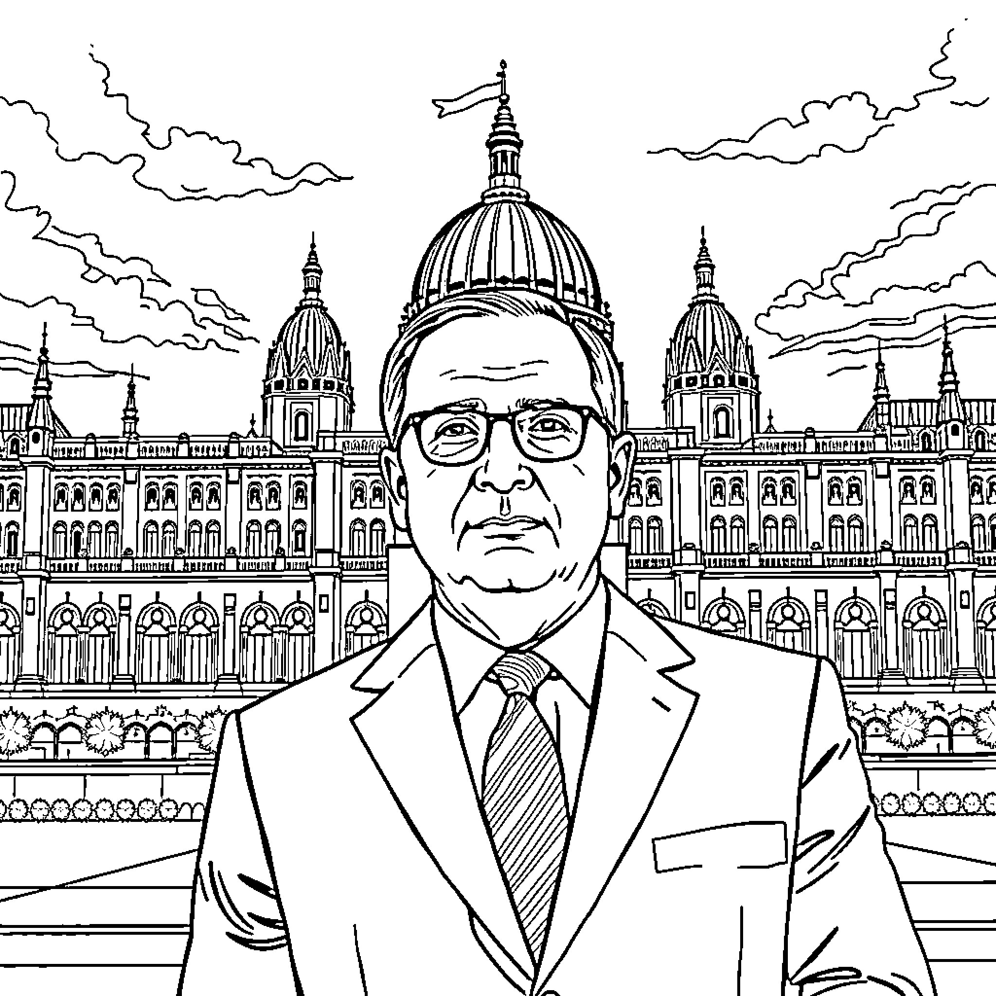 Orbán Viktor posing formally before ornate government buildings Coloring Page (free black-and-white line drawing printable PDF for all, from beginners to advanced learners, including children, teens, adults, and seniors)