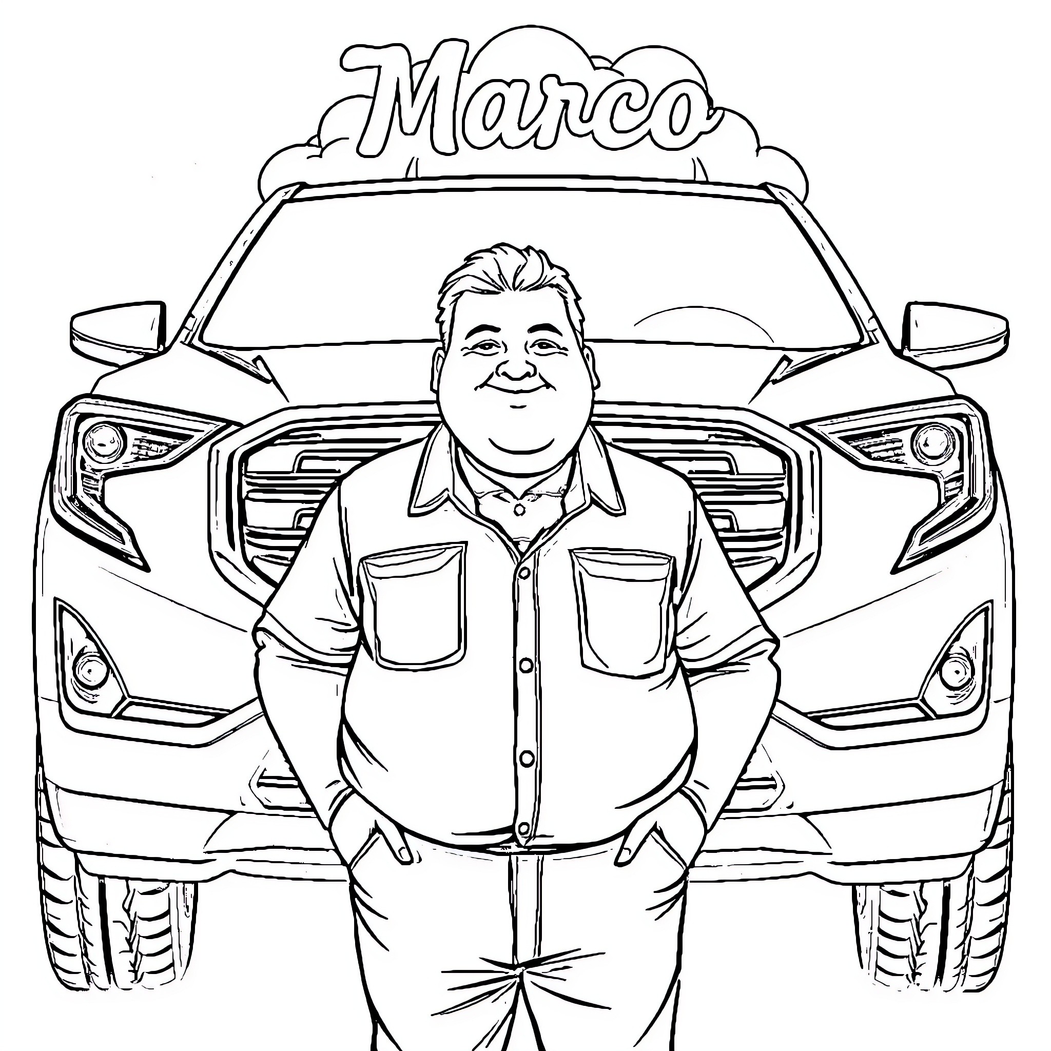 Man standing proudly in front of his vehicle Coloring Page (free black-and-white line drawing printable PDF for all, from beginners to advanced learners, including children, teens, adults, and seniors)