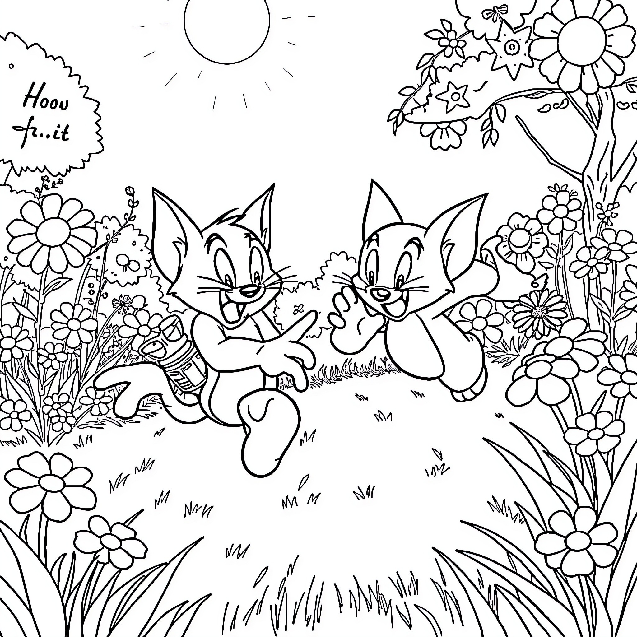 Tom and Jerry playing together in a flowery garden Coloring Page (free black-and-white line drawing printable PDF for all, from beginners to advanced learners, including children, teens, adults, and seniors)