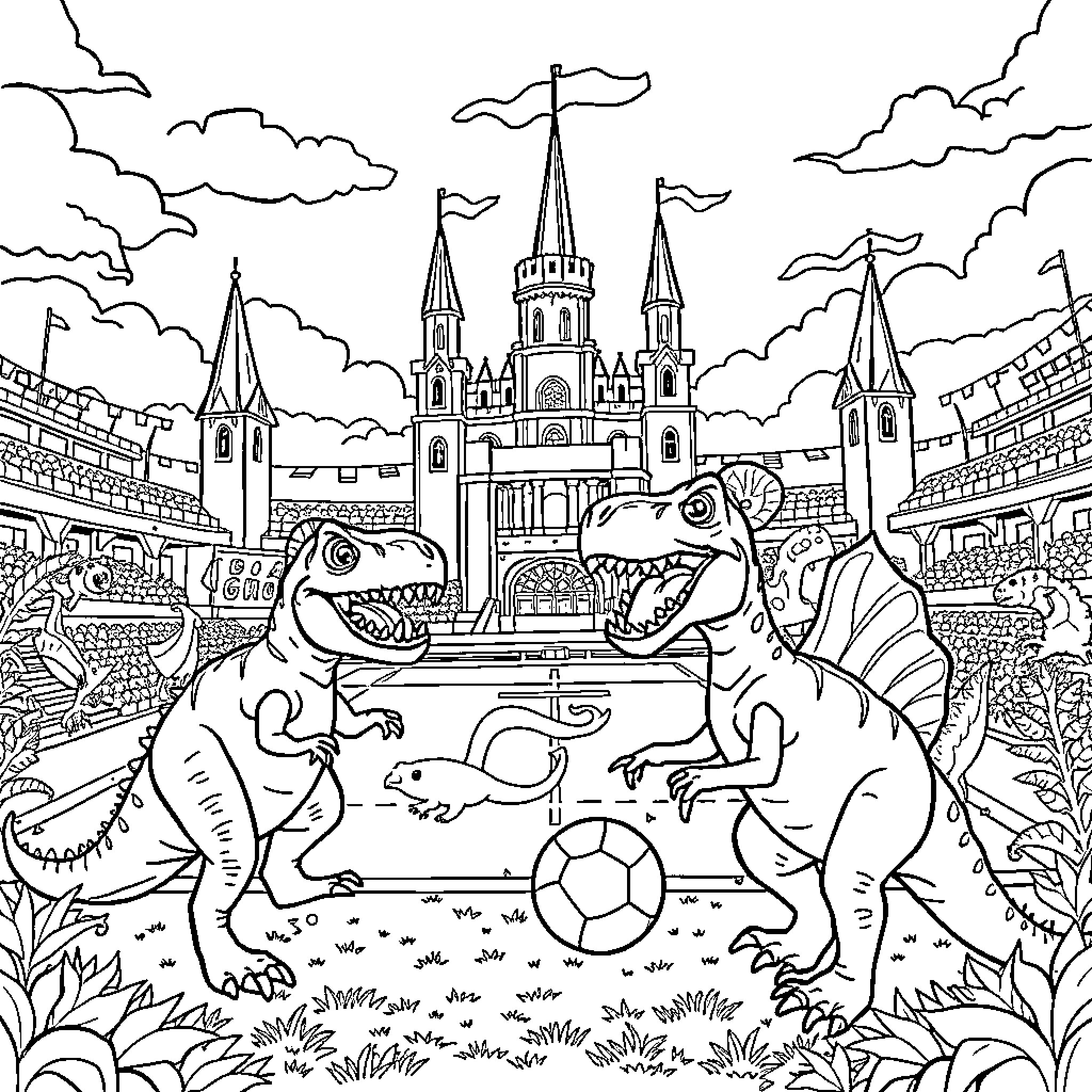 Dinosaurs playing soccer in a medieval city Coloring Page (free black-and-white line drawing printable PDF for all, from beginners to advanced learners, including children, teens, adults, and seniors)
