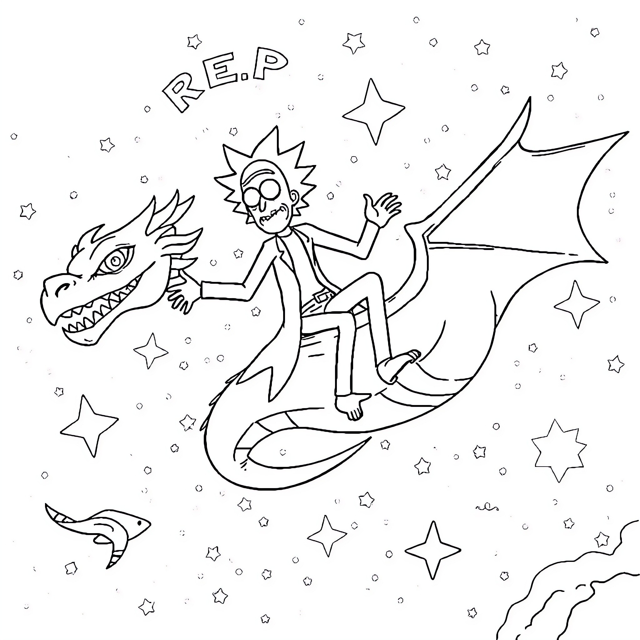 Rick riding a magical dragon through the starry night Coloring Page (free black-and-white line drawing printable PDF for all, from beginners to advanced learners, including children, teens, adults, and seniors)