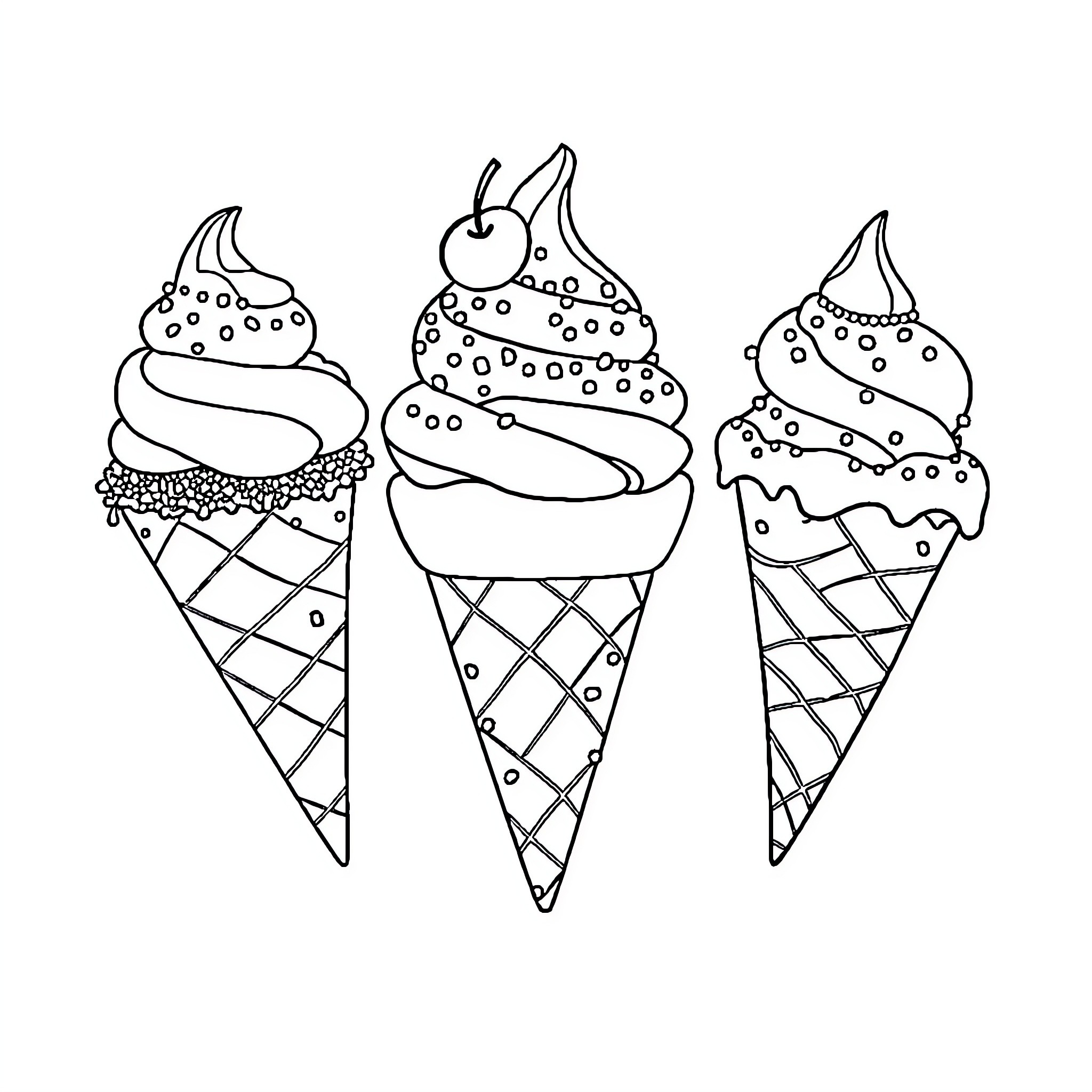 Ice Cream Cones with Whimsical Designs Coloring Page (free black-and-white line drawing printable PDF for all, from beginners to advanced learners, including children, teens, adults, and seniors)