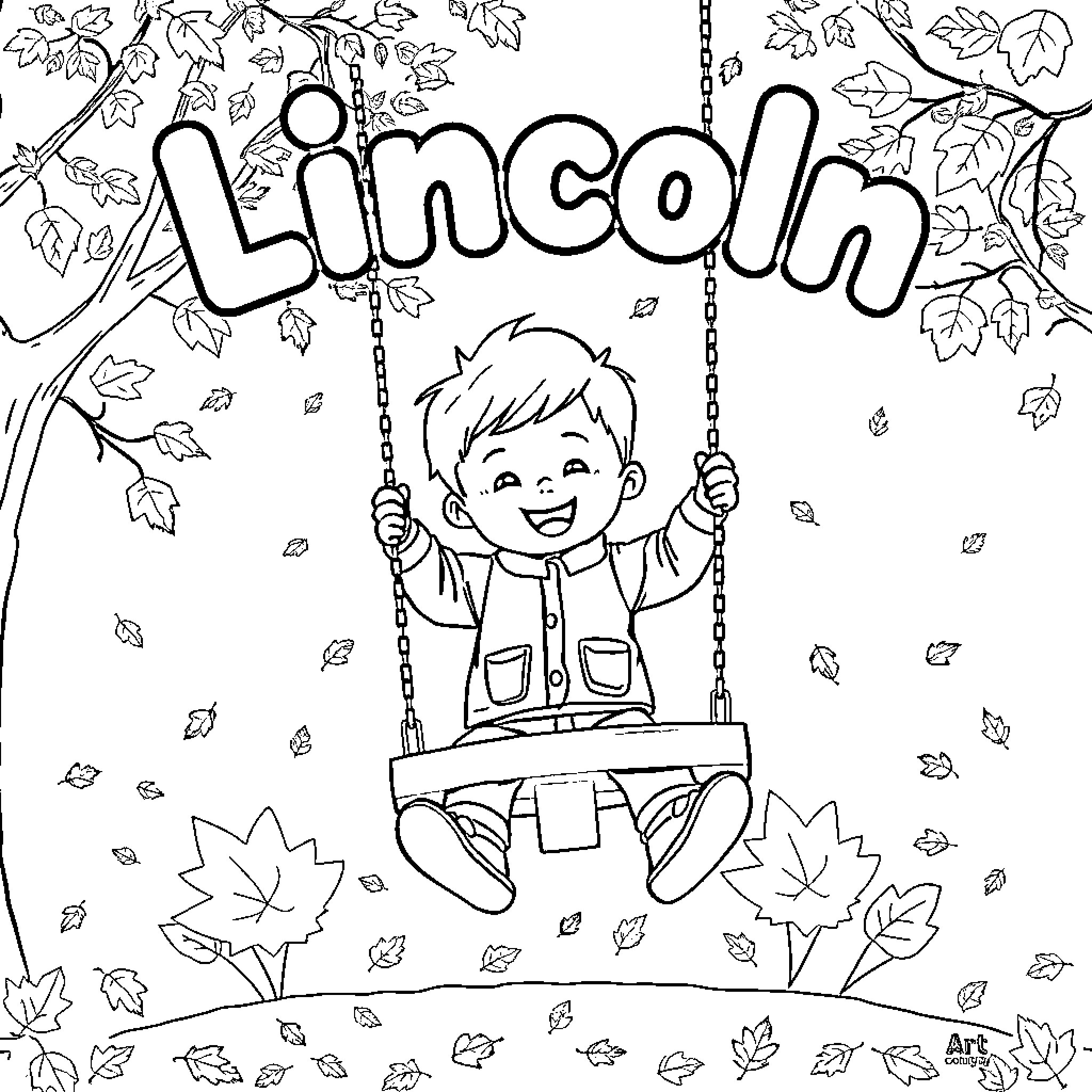 Boy playing happily on a swing in the park Coloring Page (free black-and-white line drawing printable PDF for all, from beginners to advanced learners, including children, teens, adults, and seniors)