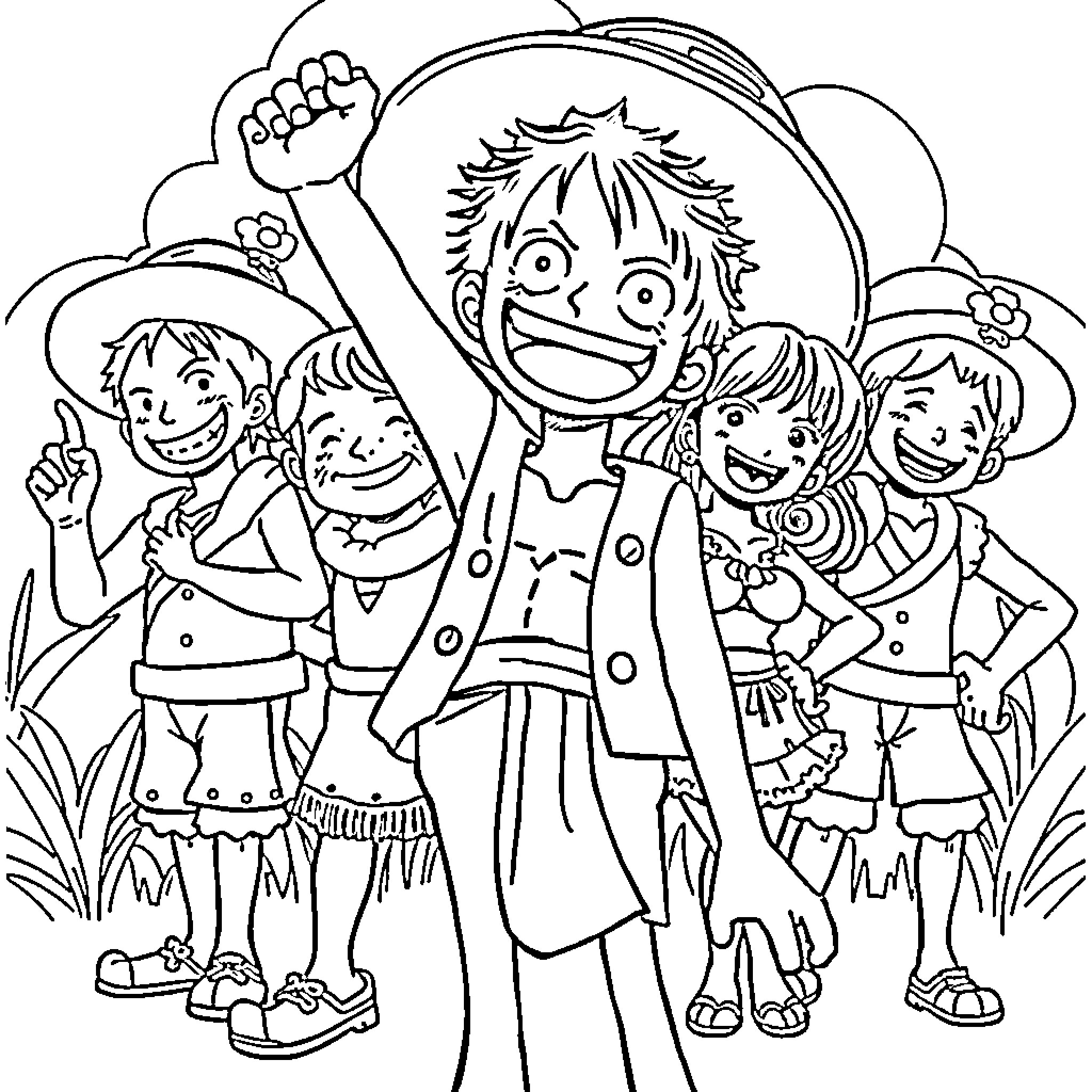 Luffy and his crew enjoying an adventure Coloring Page (free black-and-white line drawing printable PDF for all, from beginners to advanced learners, including children, teens, adults, and seniors)