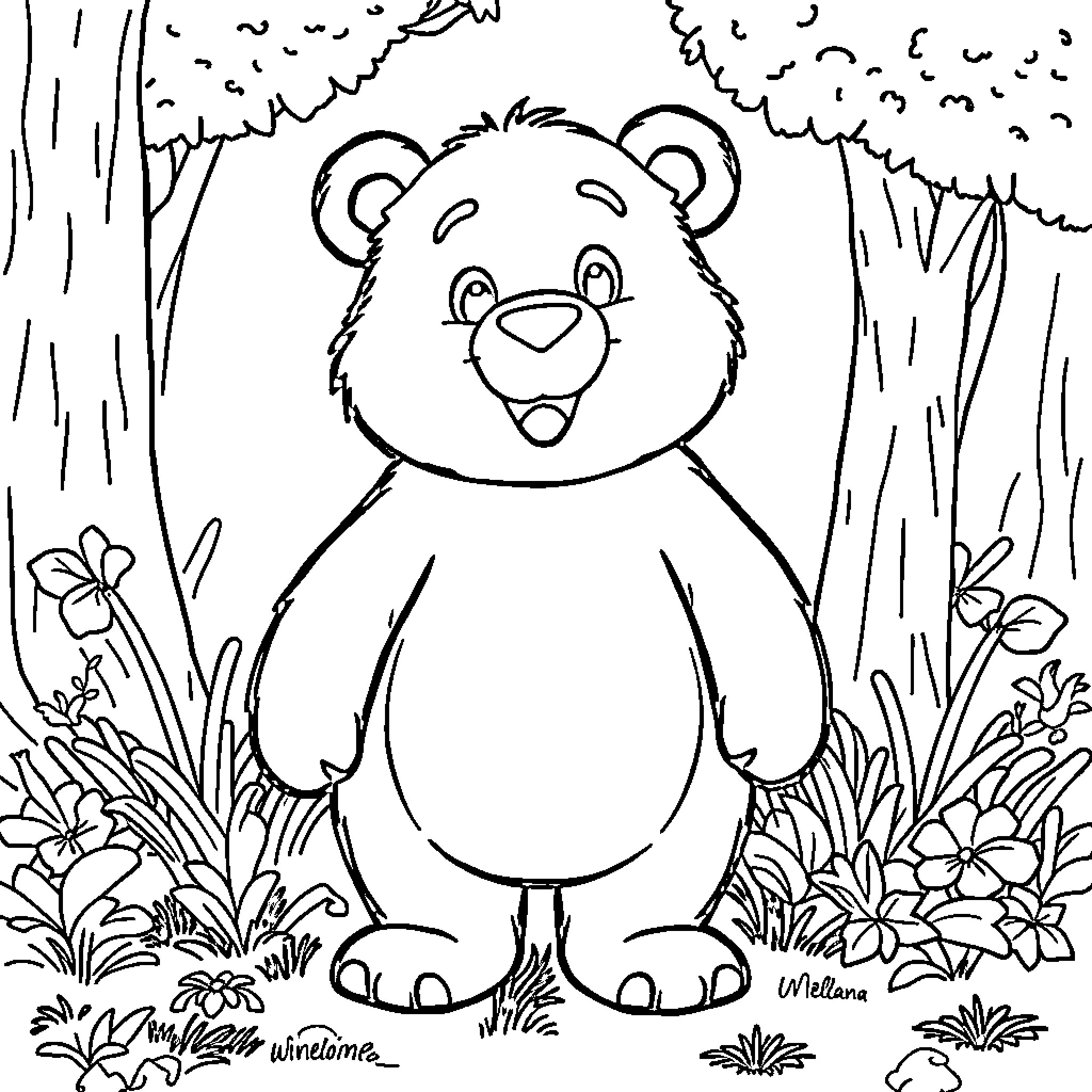 Lotso the bear playing in the lush forest Coloring Page (free black-and-white line drawing printable PDF for all, from beginners to advanced learners, including children, teens, adults, and seniors)