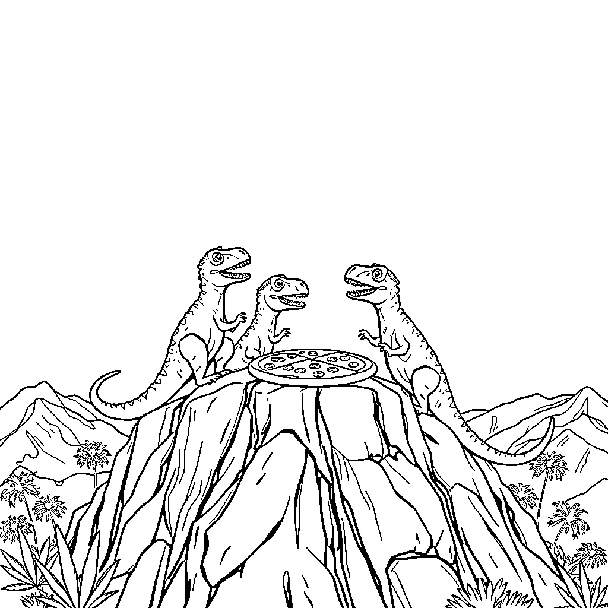 Dinosaurs sharing a meal on a rocky outcrop Coloring Page (free black-and-white line drawing printable PDF for all, from beginners to advanced learners, including children, teens, adults, and seniors)
