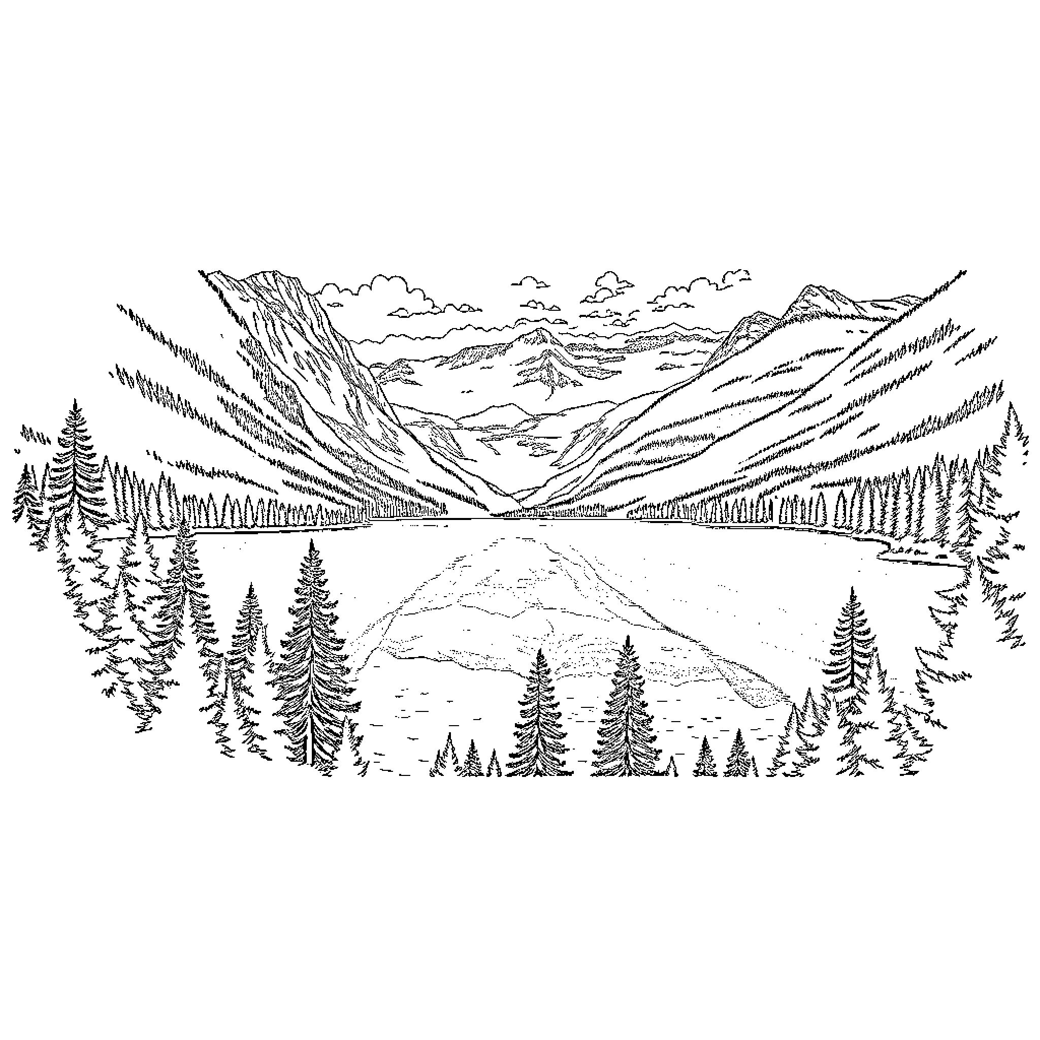 Lake amid majestic mountain landscape Coloring Page (free black-and-white line drawing printable PDF for all, from beginners to advanced learners, including children, teens, adults, and seniors)