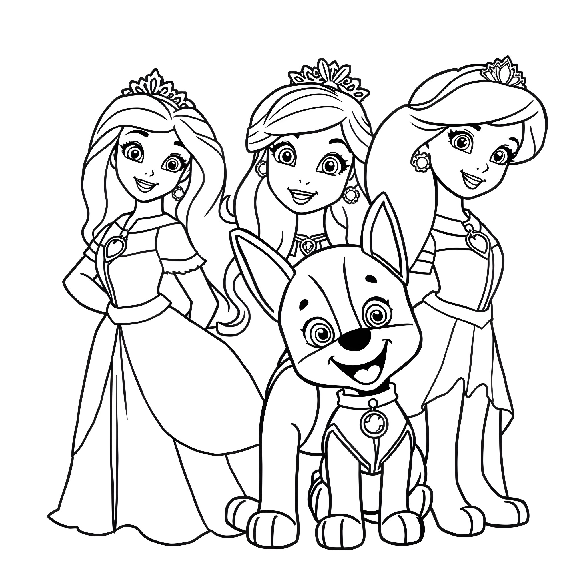 Princess Trio and Their Adorable Puppy Companion Coloring Page (free black-and-white line drawing printable PDF for all, from beginners to advanced learners, including children, teens, adults, and seniors)