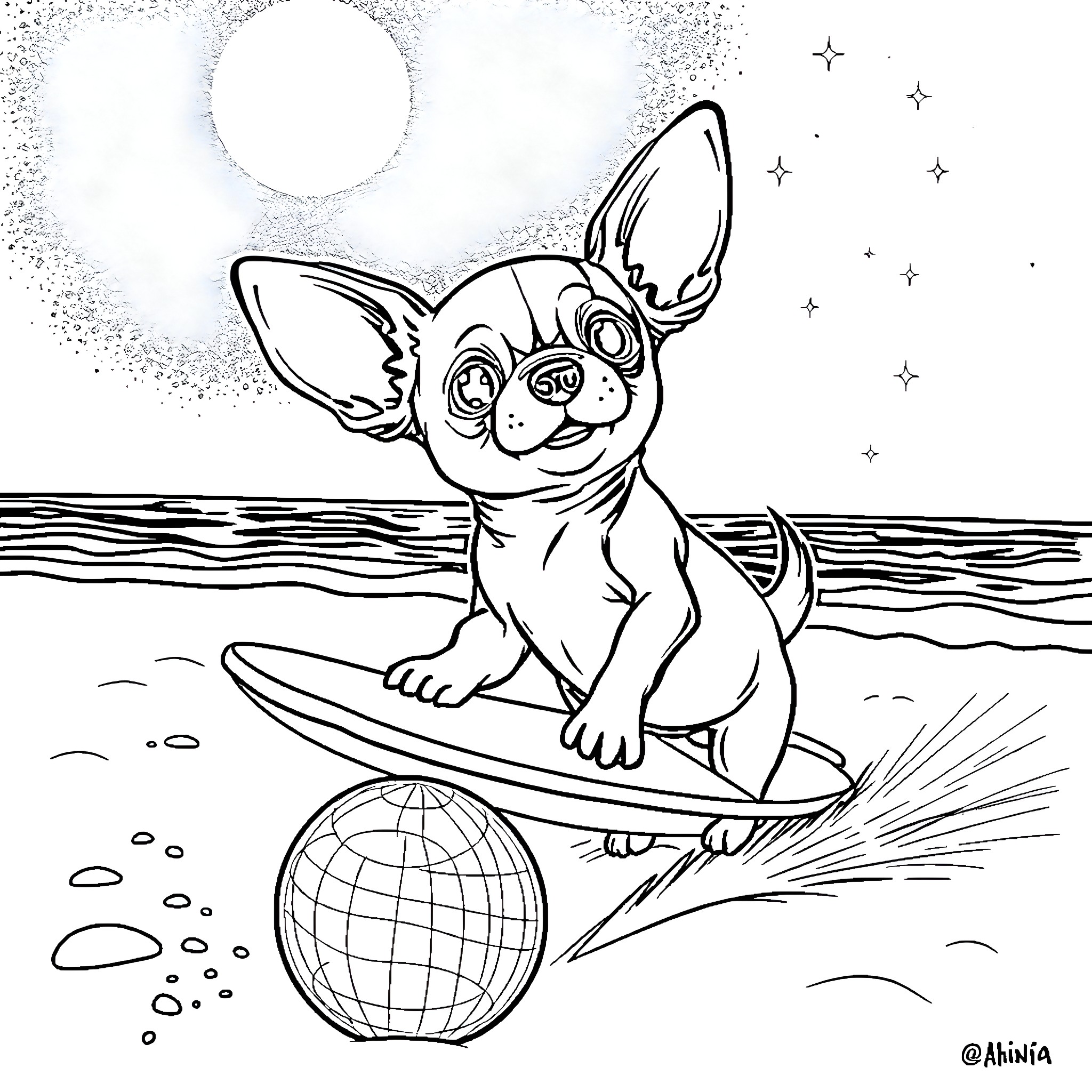Chihuahua surfing at the beach under the moon Coloring Page (free black-and-white line drawing printable PDF for all, from beginners to advanced learners, including children, teens, adults, and seniors)