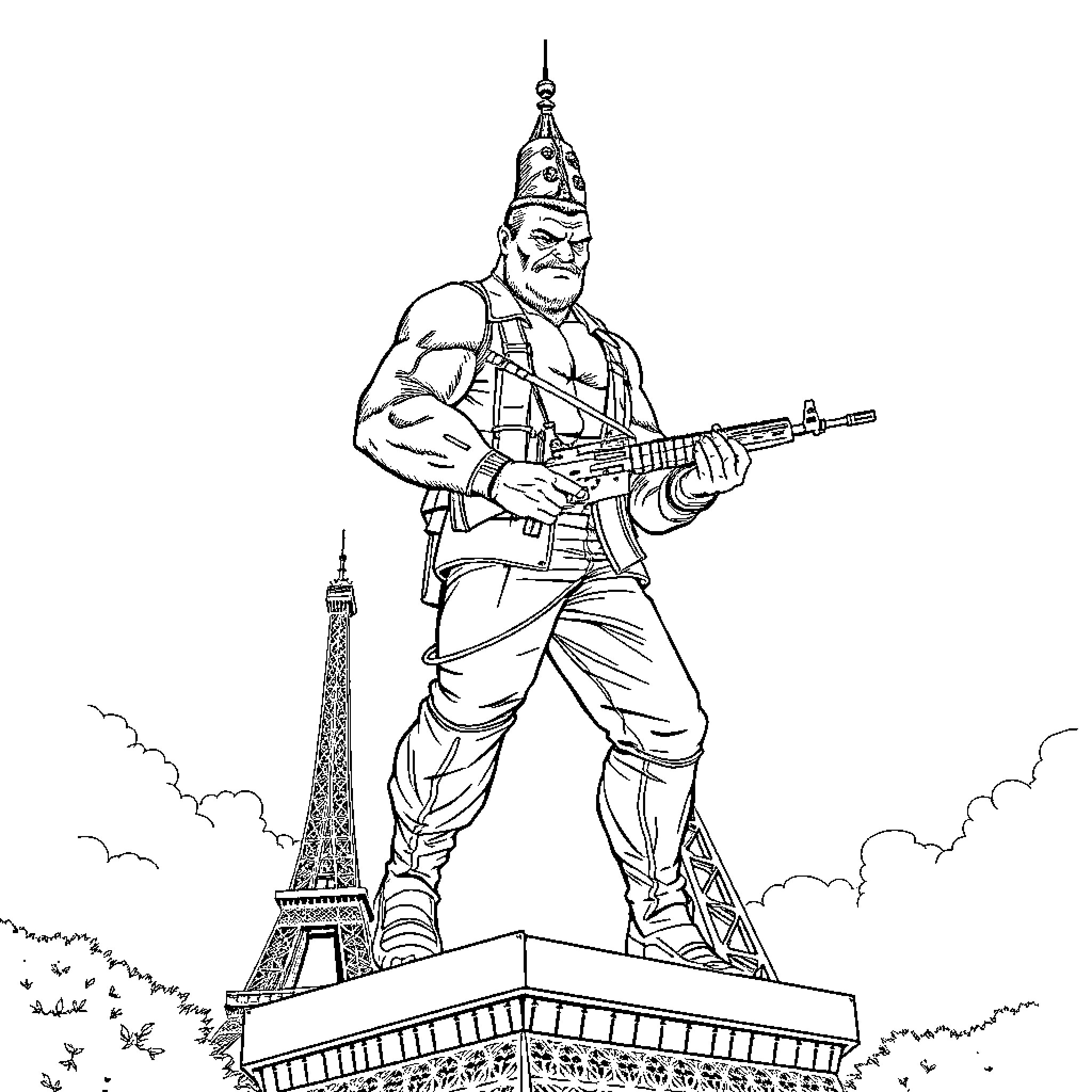 Sgt. Hartman in Military Gear with Firearm at Eiffel Tower Coloring Page (free black-and-white line drawing printable PDF for all, from beginners to advanced learners, including children, teens, adults, and seniors)