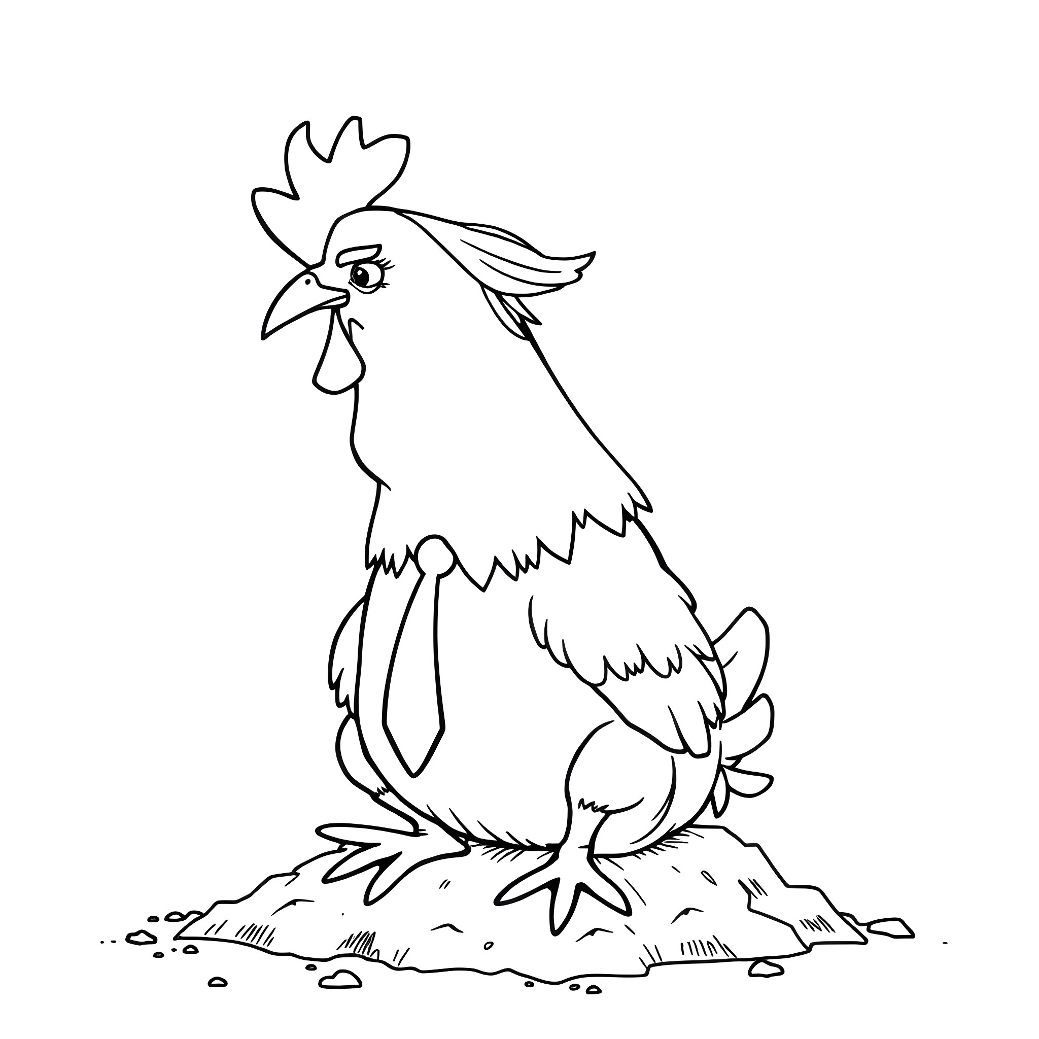 Trump Rooster Crowing on a Dirt Mound Coloring Page (free black-and-white line drawing printable PDF for all, from beginners to advanced learners, including children, teens, adults, and seniors)