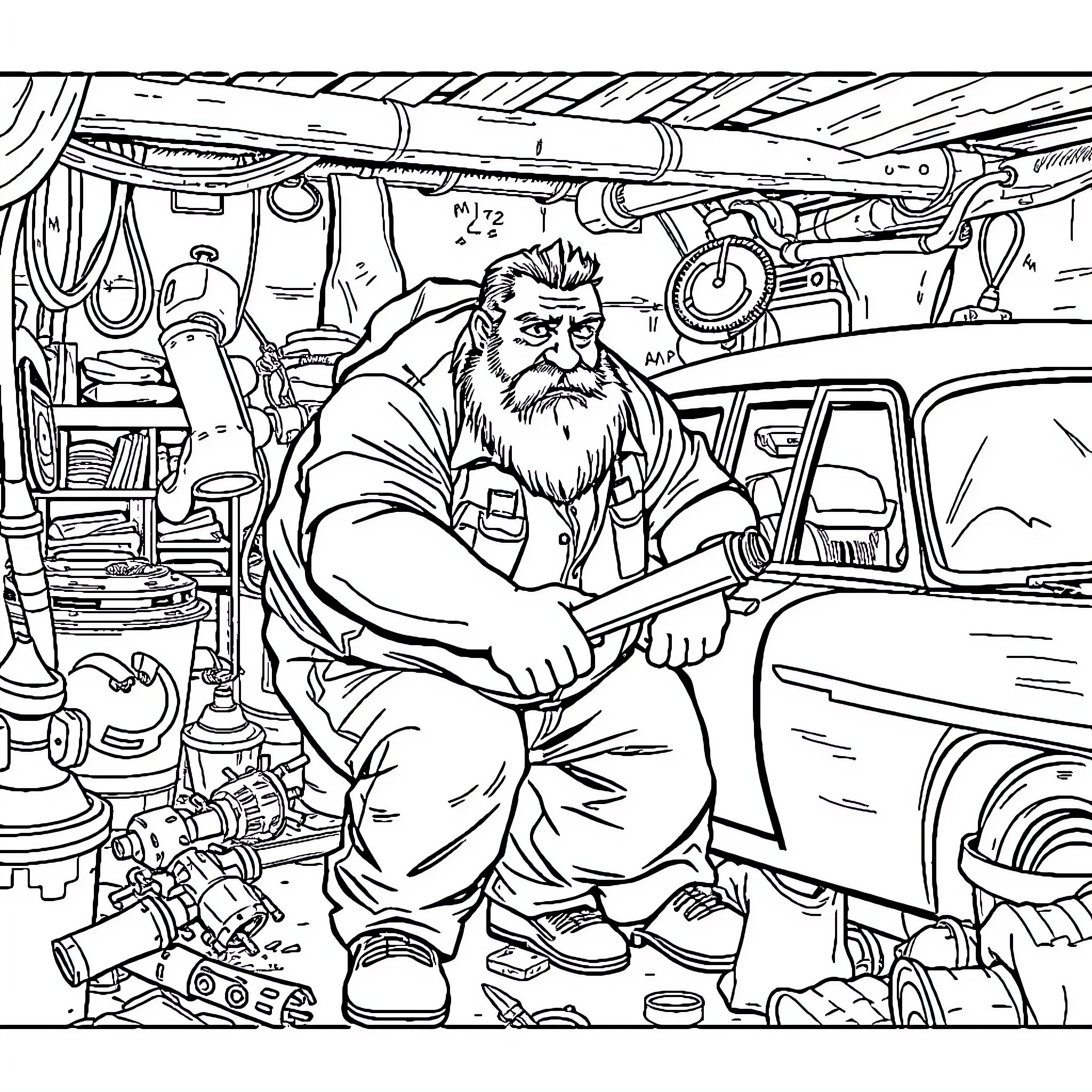 Man working diligently in a cluttered auto shop Coloring Page (free black-and-white line drawing printable PDF for all, from beginners to advanced learners, including children, teens, adults, and seniors)