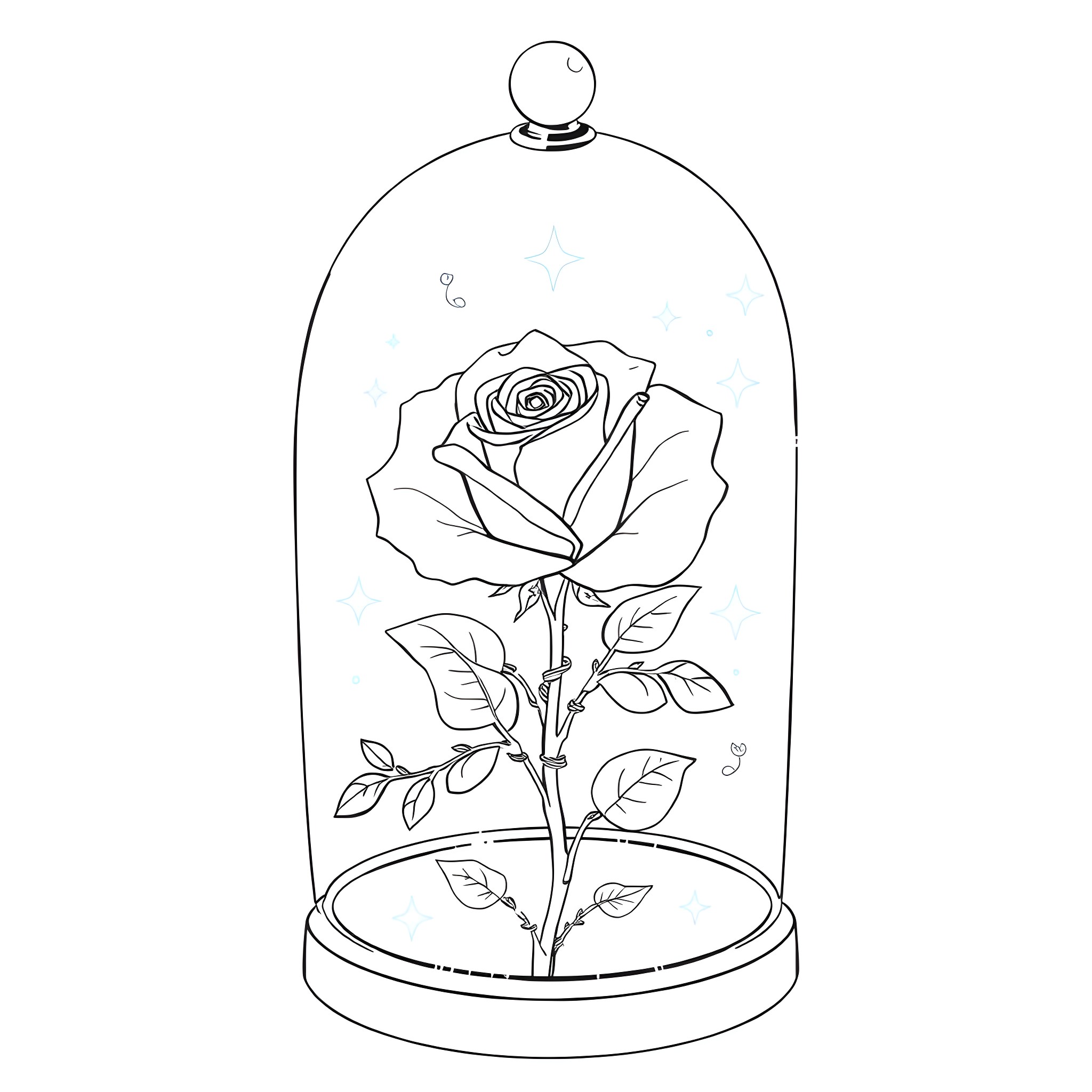 Rose in a Glass Dome Coloring Page (free black-and-white line drawing printable PDF for all, from beginners to advanced learners, including children, teens, adults, and seniors)