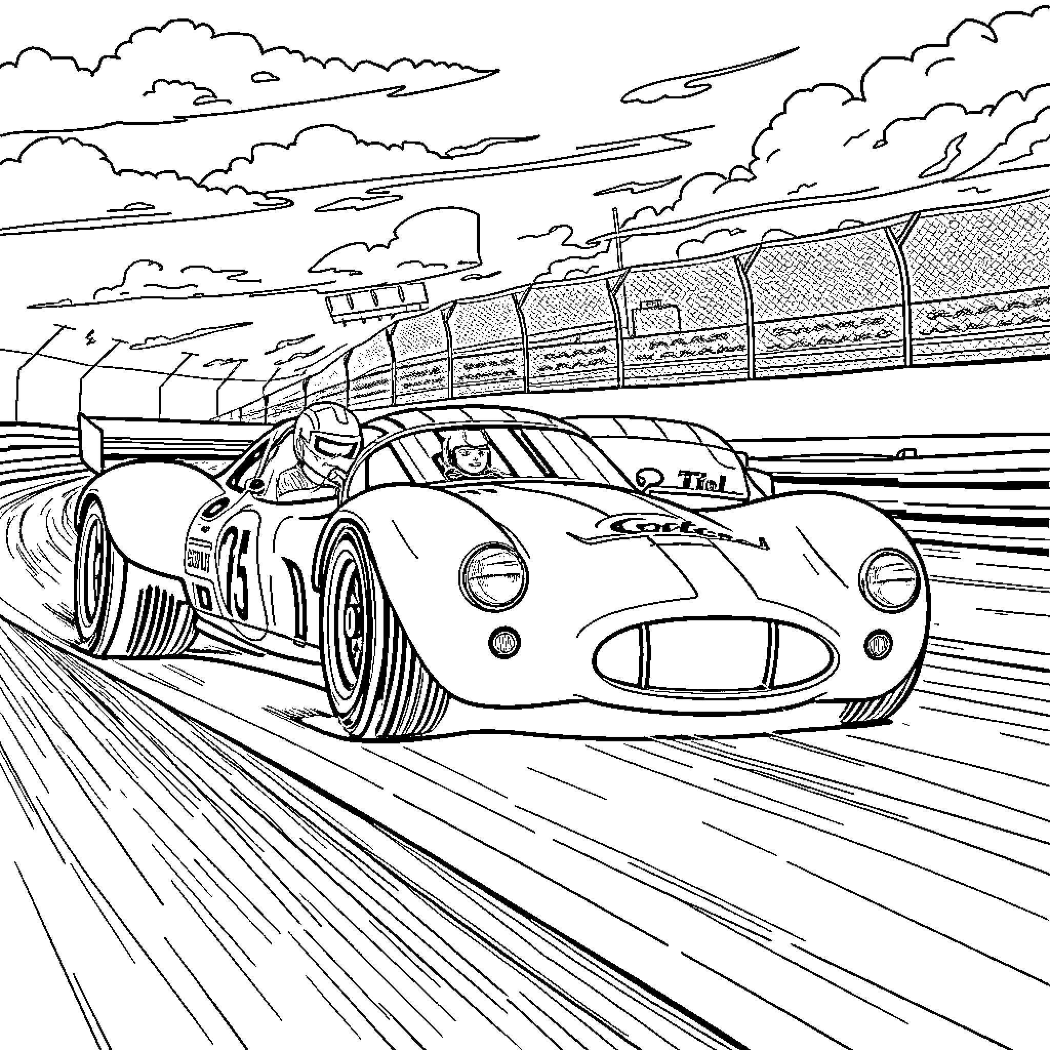 Car racing on a track with speed and motion Coloring Page (free black-and-white line drawing printable PDF for all, from beginners to advanced learners, including children, teens, adults, and seniors)