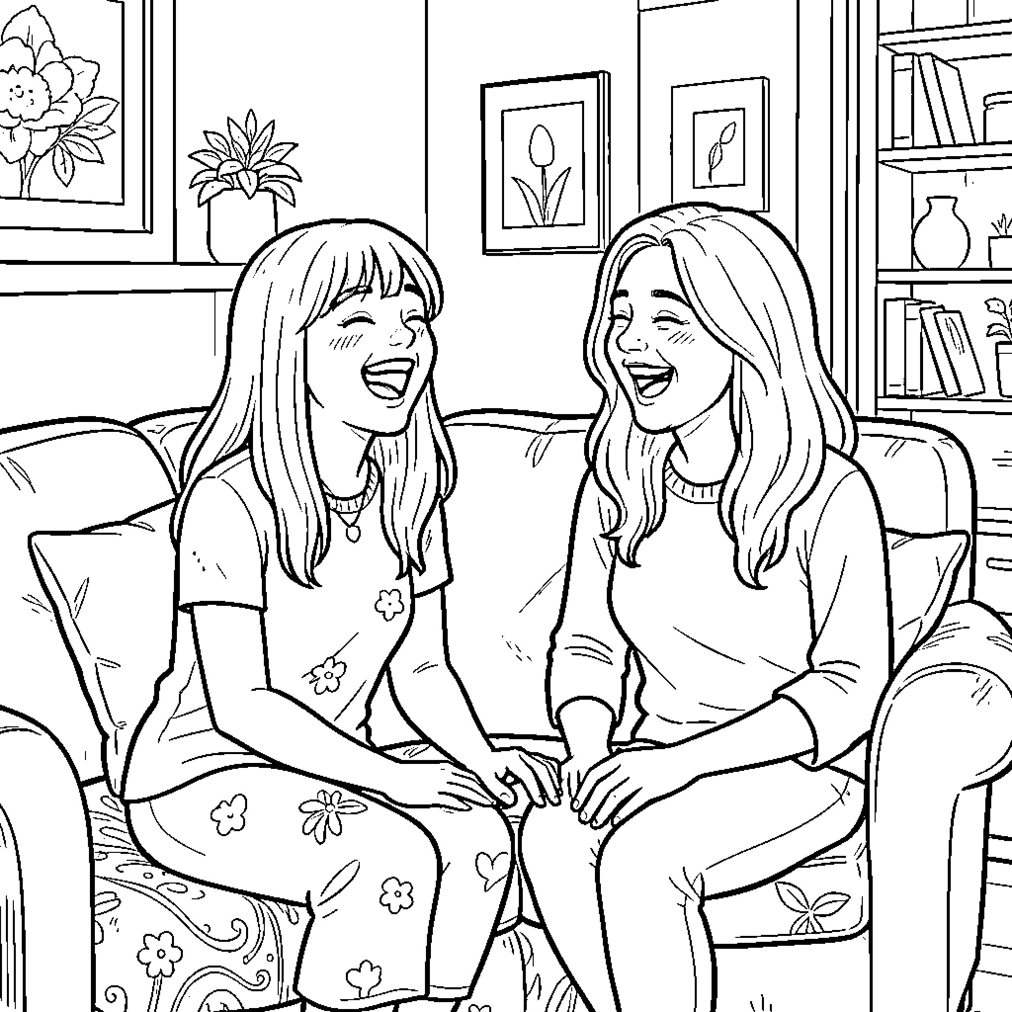 Girls laughing and sharing a moment Coloring Page (free black-and-white line drawing printable PDF for all, from beginners to advanced learners, including children, teens, adults, and seniors)