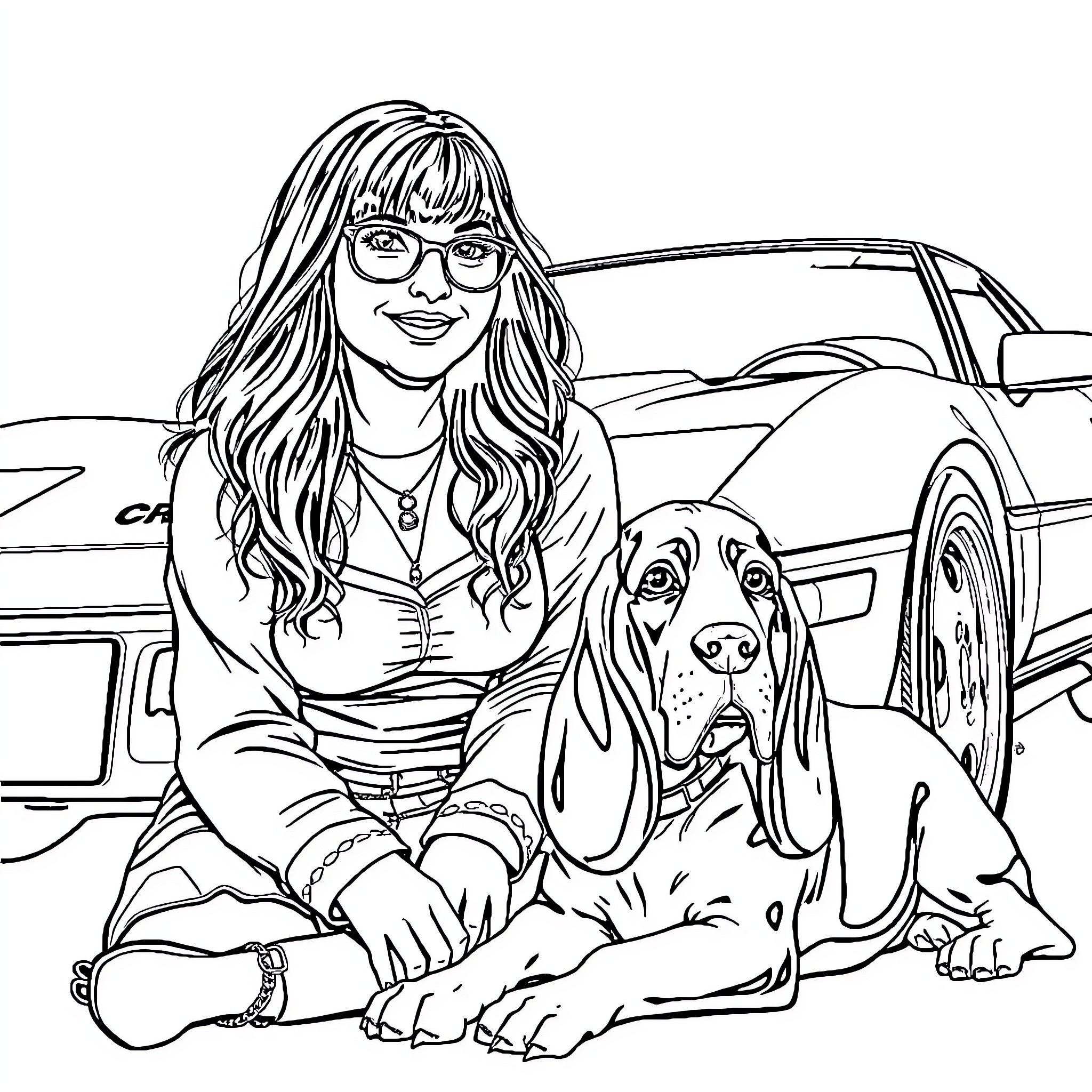 Girl with Curly Hair Posing with Basset Hound Coloring Page (free black-and-white line drawing printable PDF for all, from beginners to advanced learners, including children, teens, adults, and seniors)