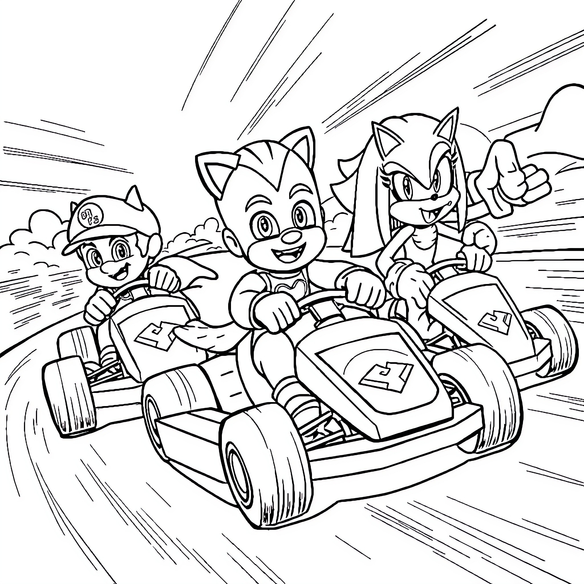 Go Kart Racing with Animated Characters Coloring Page (free black-and-white line drawing printable PDF for all, from beginners to advanced learners, including children, teens, adults, and seniors)