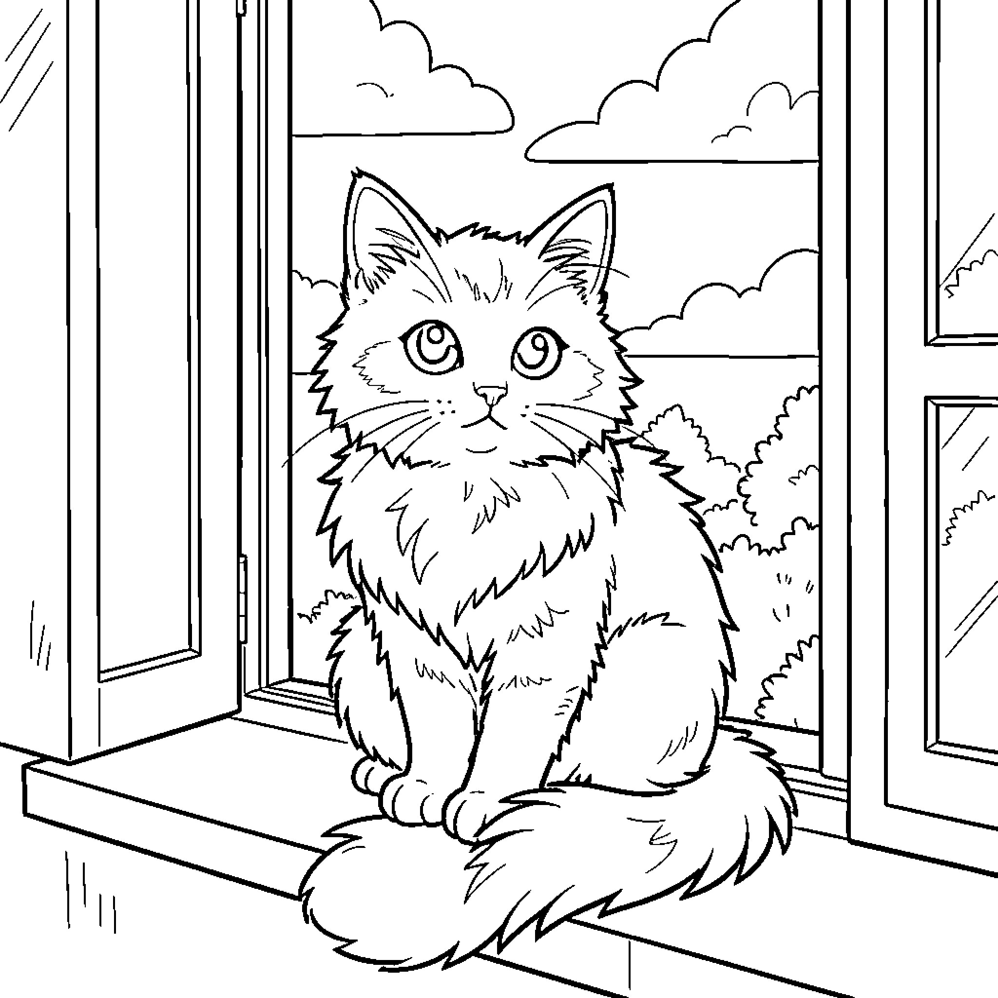 Cat gazing out the window Coloring Page (free black-and-white line drawing printable PDF for all, from beginners to advanced learners, including children, teens, adults, and seniors)