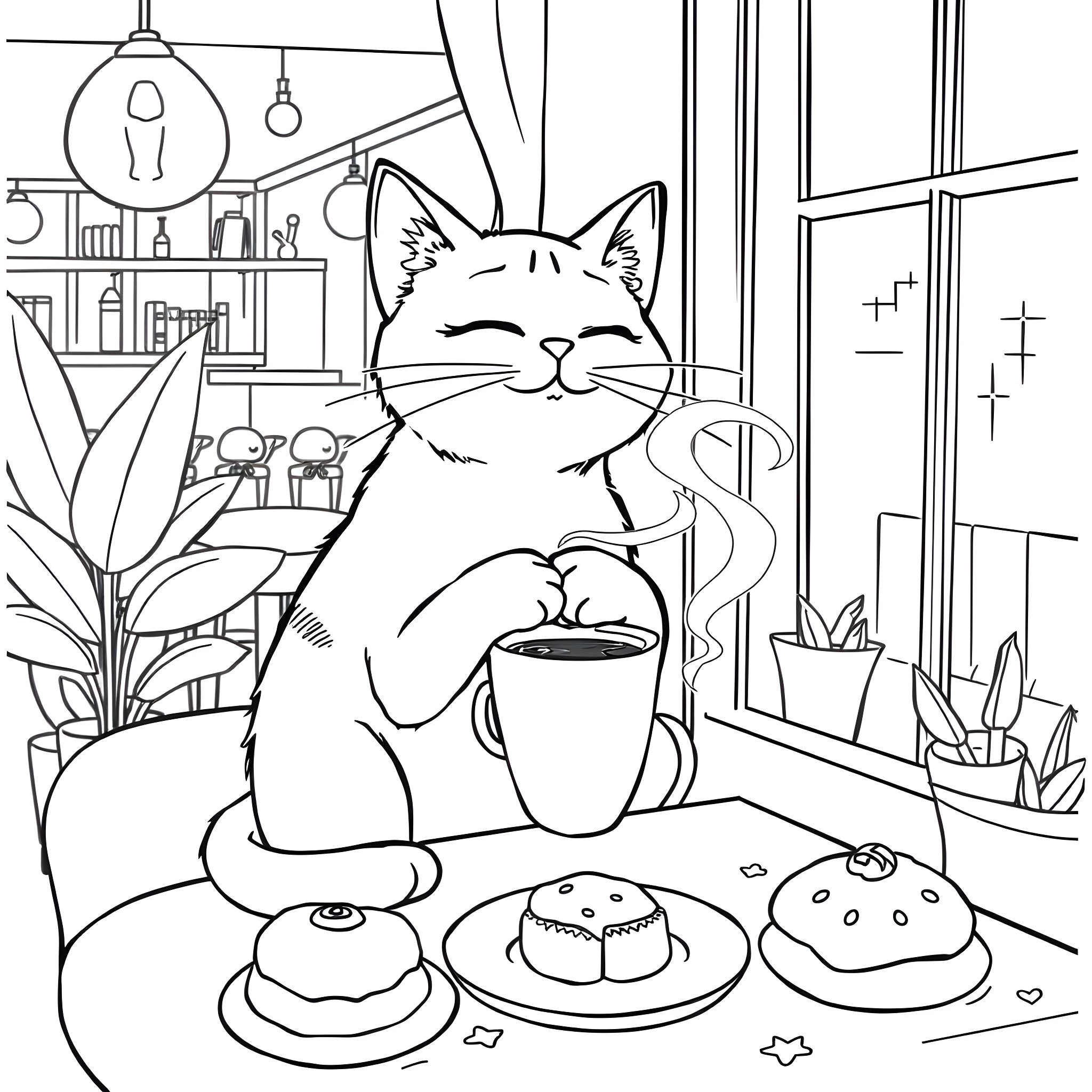 Anime Cat enjoying tea and snacks in cozy home setting Coloring Page (free black-and-white line drawing printable PDF for all, from beginners to advanced learners, including children, teens, adults, and seniors)