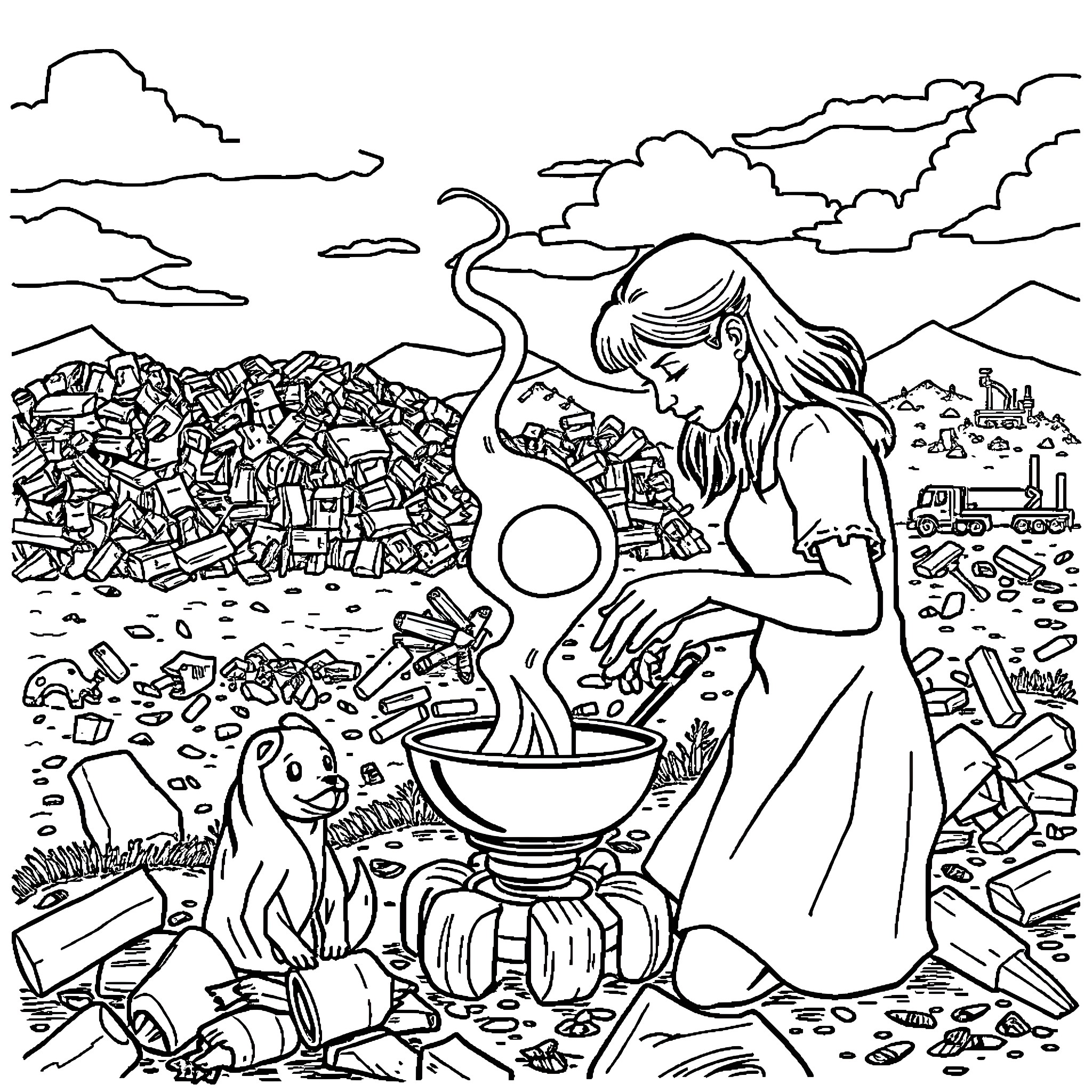 Woman foraging in a cluttered landscape Coloring Page (free black-and-white line drawing printable PDF for all, from beginners to advanced learners, including children, teens, adults, and seniors)