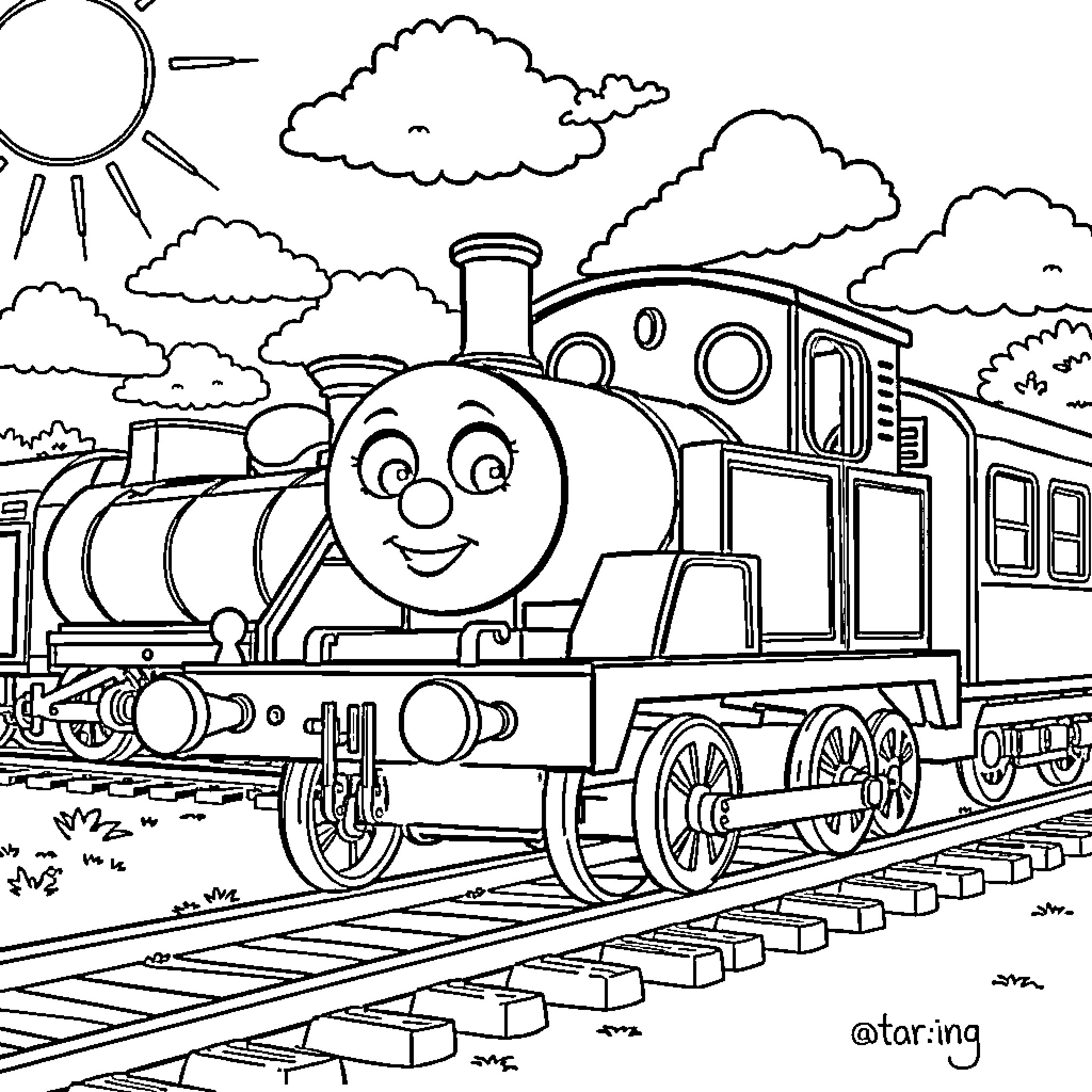 Jack's Friendly Train Adventure Coloring Page (free black-and-white line drawing printable PDF for all, from beginners to advanced learners, including children, teens, adults, and seniors)