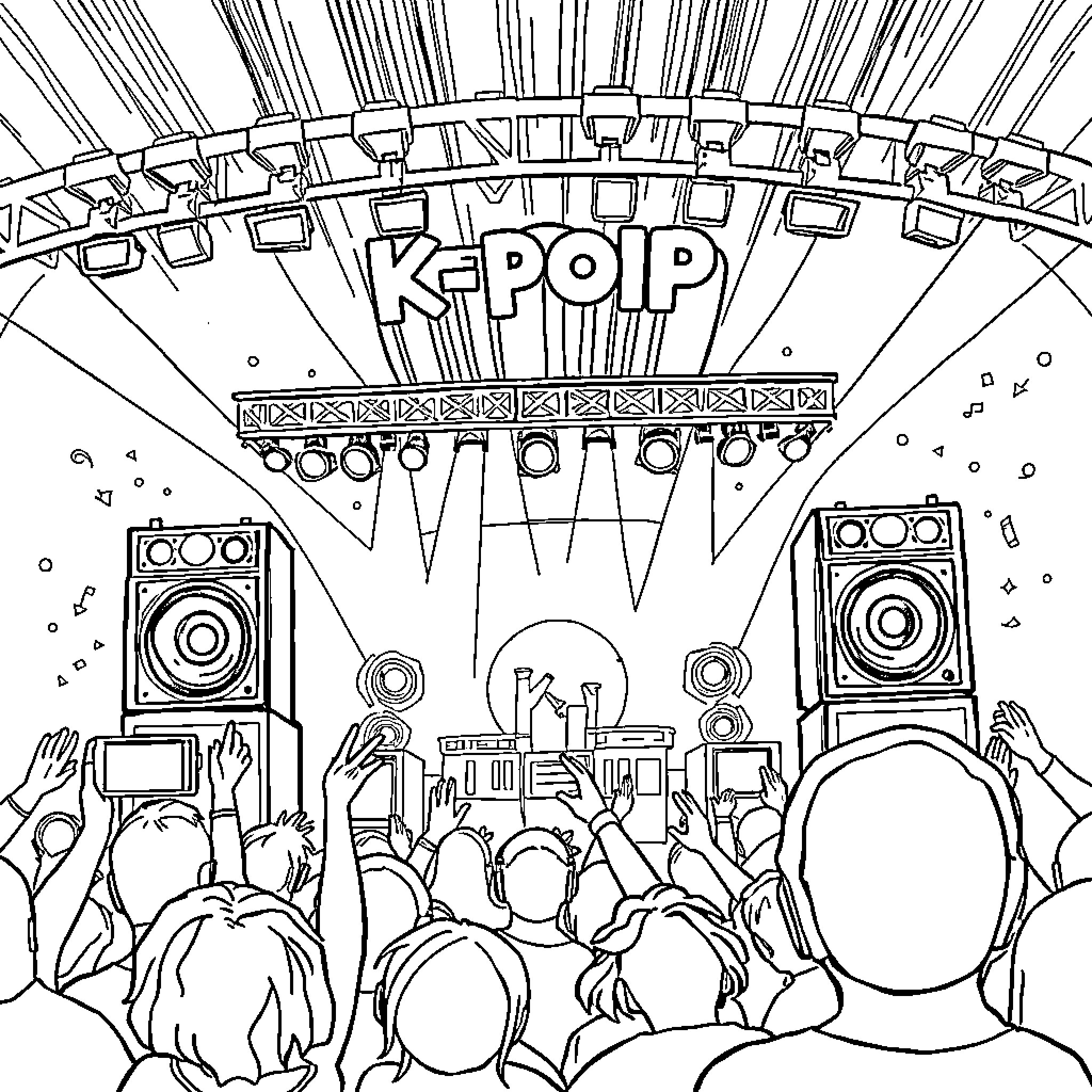 Kpop concert with enthusiastic crowd and vibrant stage Coloring Page (free black-and-white line drawing printable PDF for all, from beginners to advanced learners, including children, teens, adults, and seniors)