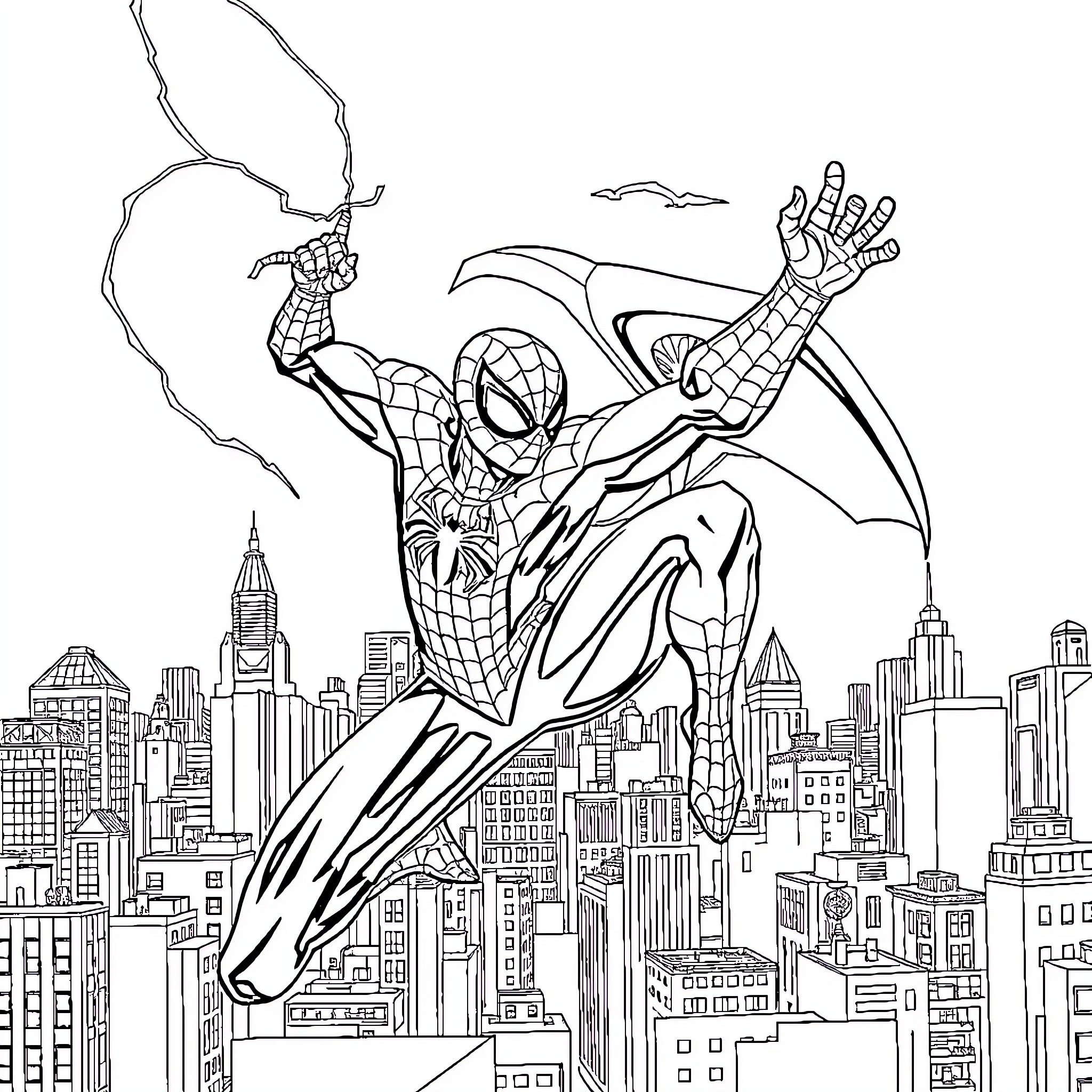 Spiderman swinging across the city skyline Coloring Page (free black-and-white line drawing printable PDF for all, from beginners to advanced learners, including children, teens, adults, and seniors)