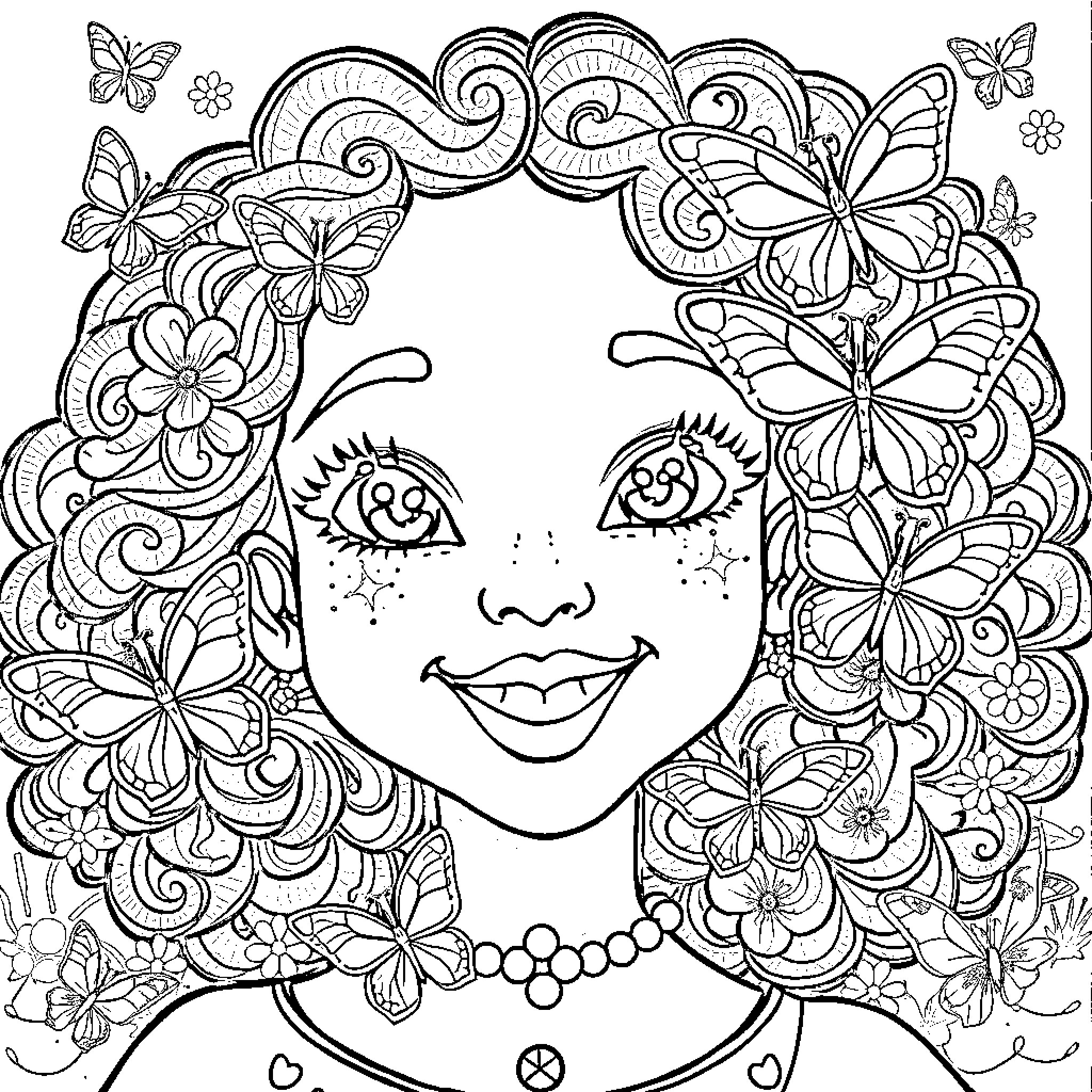 Black Girl in Floral Fantasy Coloring Page (free black-and-white line drawing printable PDF for all, from beginners to advanced learners, including children, teens, adults, and seniors)